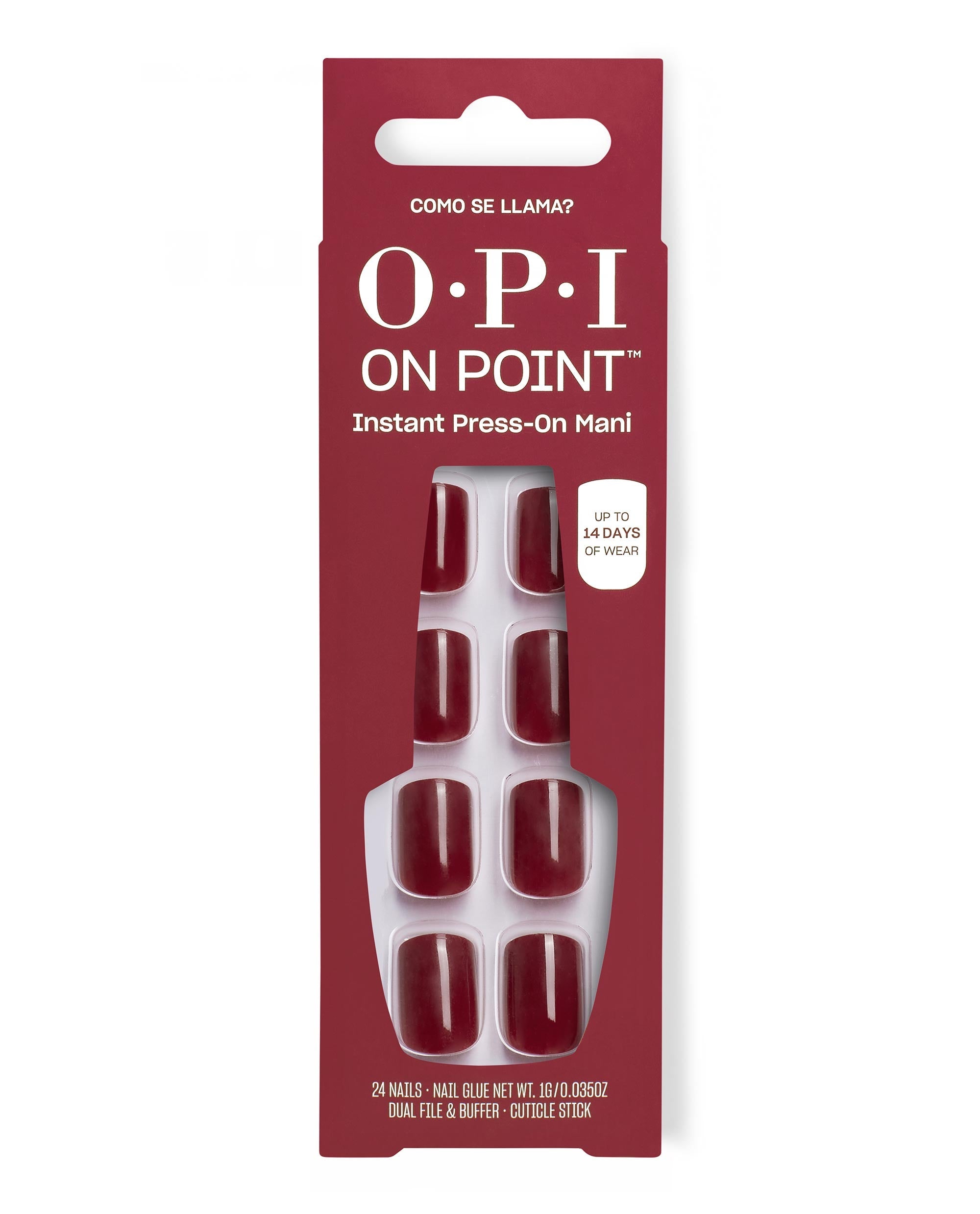 OPI Como se Llama? On Point instant press-on mani in glossy deep red, shown in burgundy retail packaging with 24 nails, glue, file, buffer, and cuticle stick for fall nail colors.