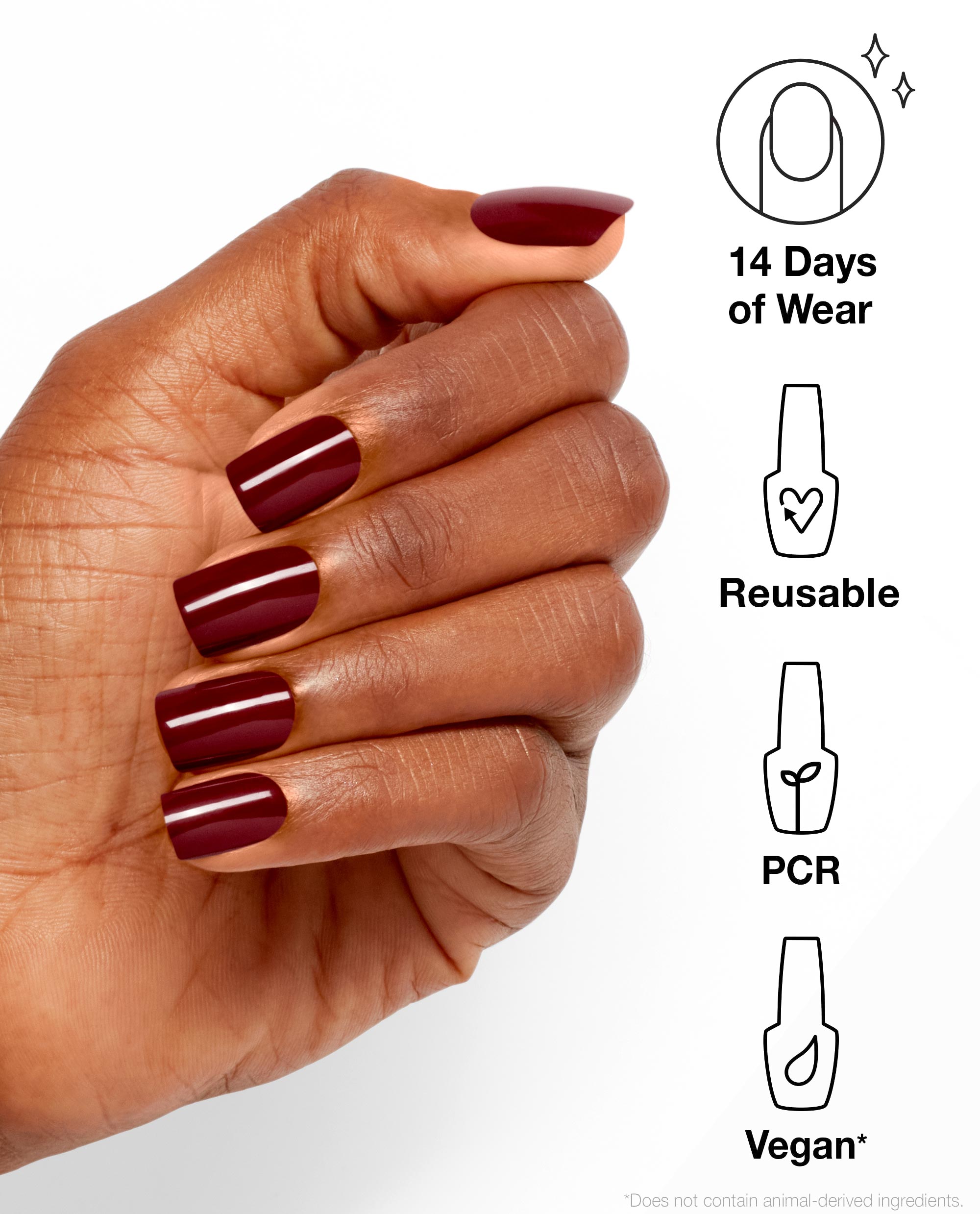 Hand wearing OPI On Point Como se Llama? glossy deep burgundy press-on nails, a rich fall nail color, with icons noting 14 days of wear, reusable, PCR, and vegan benefits.