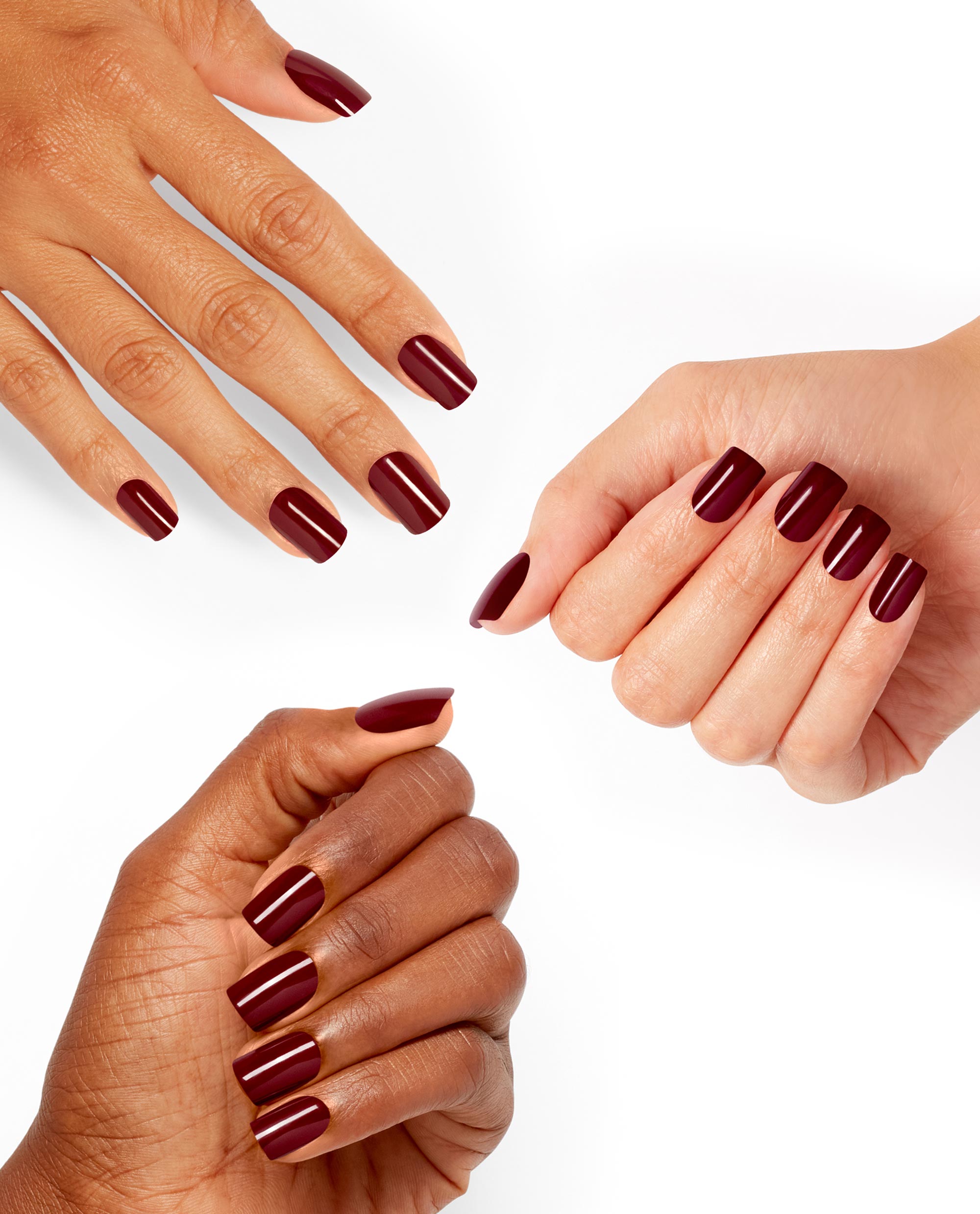 Models' hands display OPI Como se Llama? On Point glossy deep burgundy manicures on a white background, showcasing rich fall nail colors.