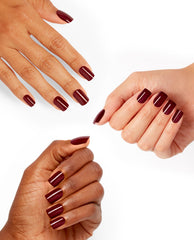 Models' hands display OPI Como se Llama? On Point glossy deep burgundy manicures on a white background, showcasing rich fall nail colors.