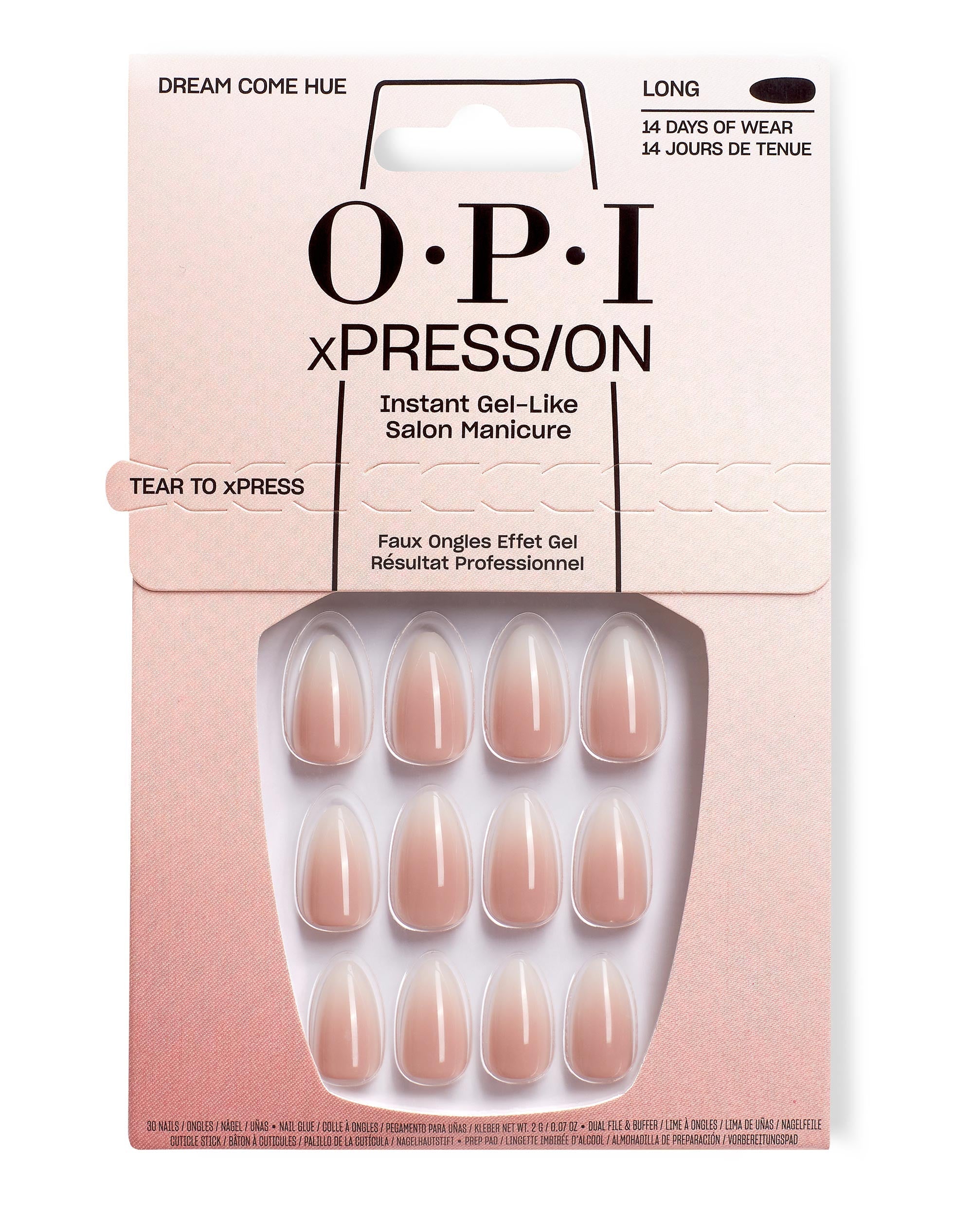 OPI Dream Come Hue xPRESS/ON Nail Art set showing 30 long, almond-shaped nude press-on nails in a soft pink gradient retail box, marketed as an instant gel-like salon manicure and ideal as an OPI nail polish gift set.