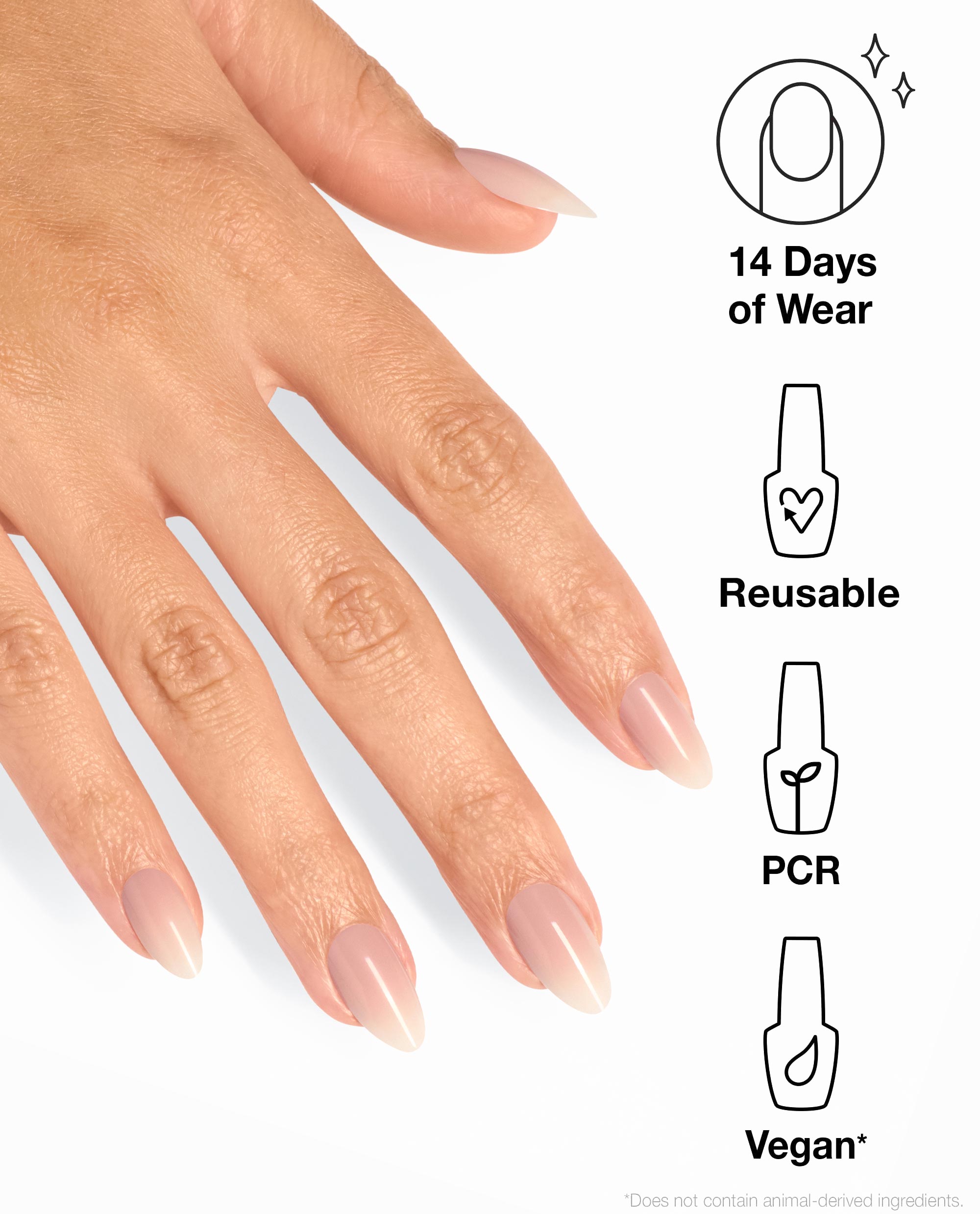 Hand wearing OPI Dream Come Hue xPRESS/ON Nail Art in a soft nude-to-cream ombré, showing almond-shaped nails beside icons highlighting 14 days of wear, reusable design, PCR packaging, and vegan nail polish gift set benefits.