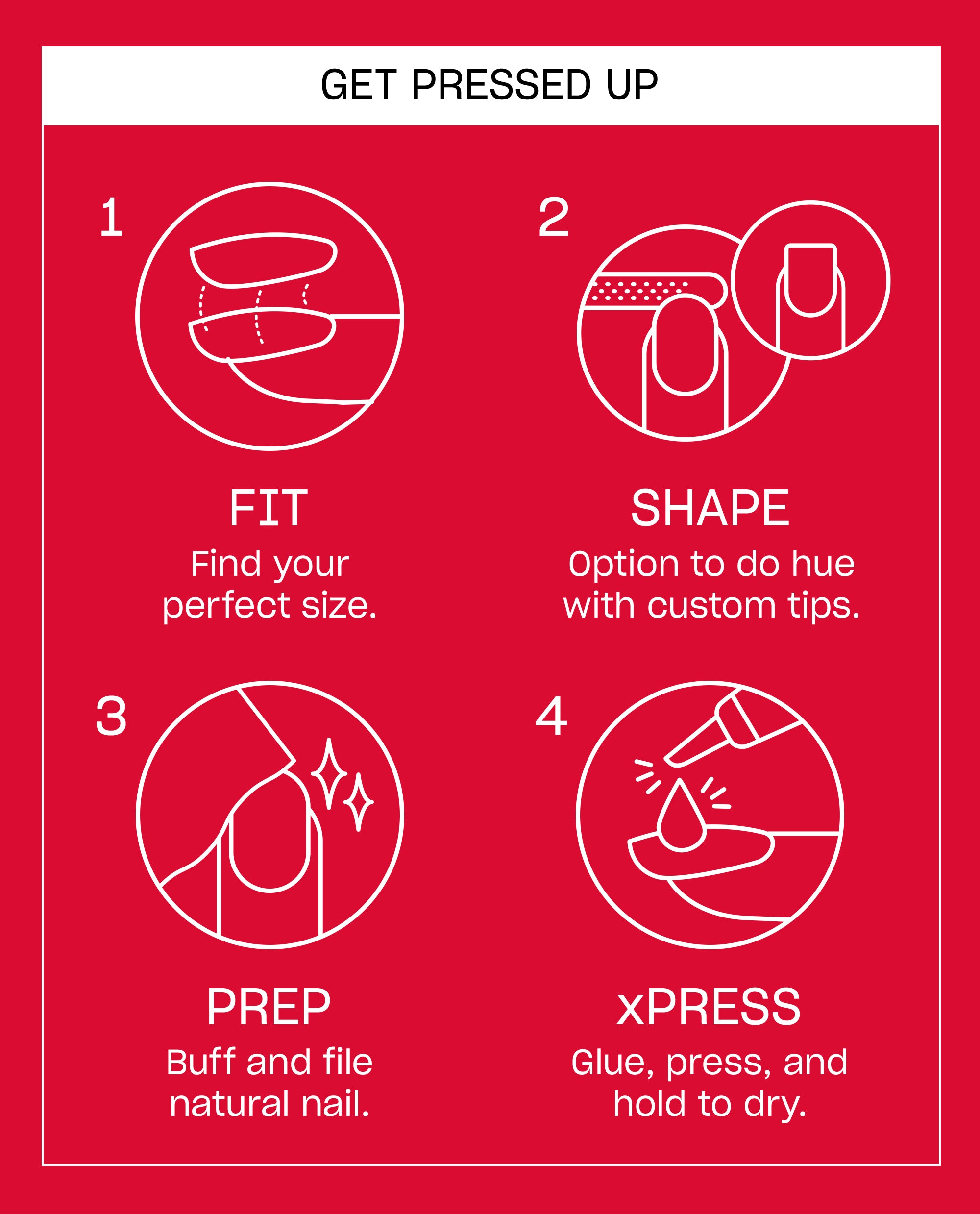 OPI On Point I’m on Va-Cajun press-on nail instruction card shows four white line-art steps - fit, shape, prep, and xPRESS with glue - on a red background.