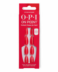 OPI On Point I’m on Va-Cajun instant press-on mani displays glossy Cajun red nails with subtle gold accents in bright red packaging, offering 24 nails and up to 14 days of wear.