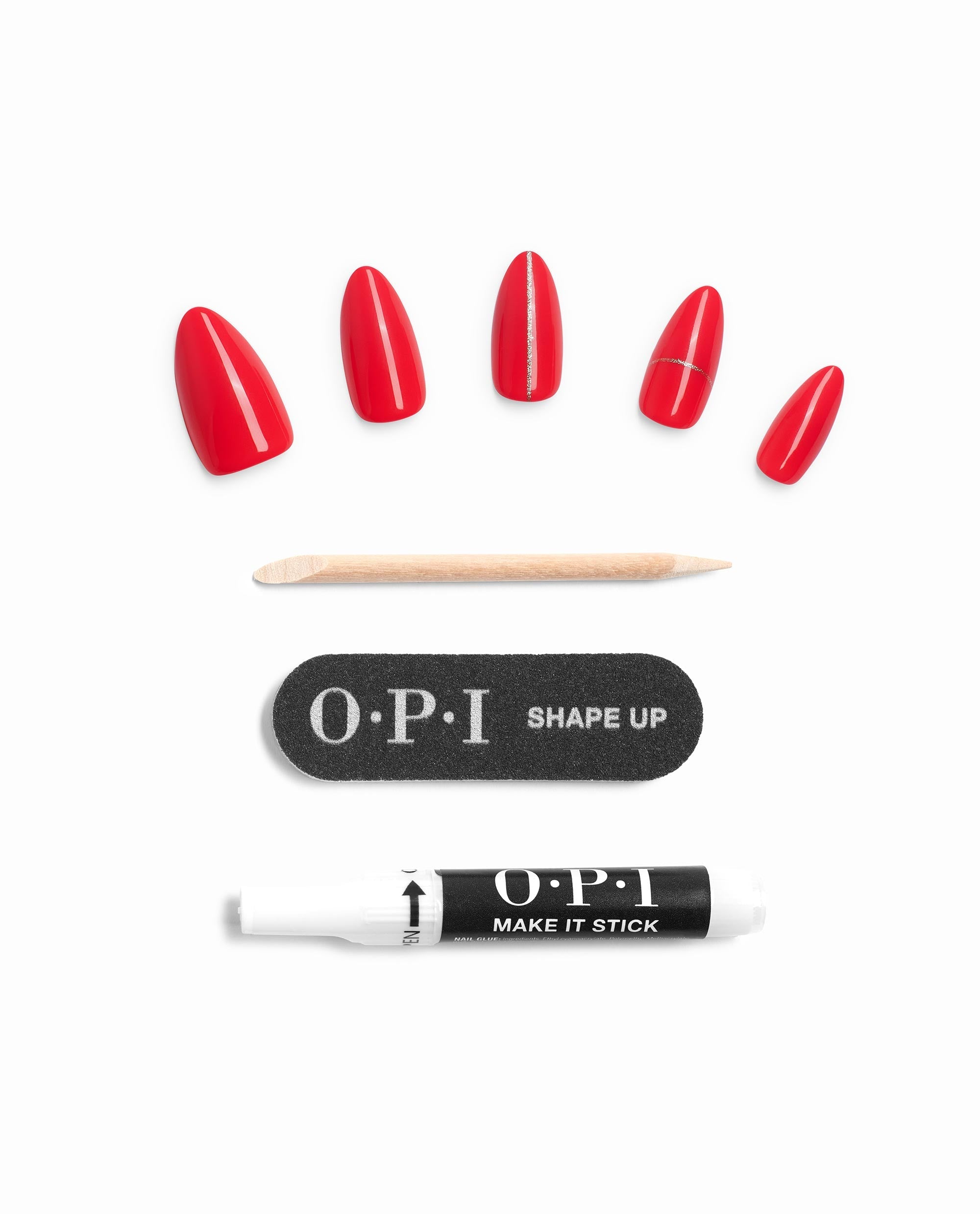 OPI I’m on Va-Cajun On Point glossy red press-on nails with silver accent lines, displayed with a wooden cuticle stick, Shape Up nail file, and Make It Stick glue on a white background.