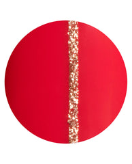 OPI I’m on Va-Cajun On Point nail design showing a vivid red polish swatch with a vertical sparkling gold glitter stripe on a clean white background.