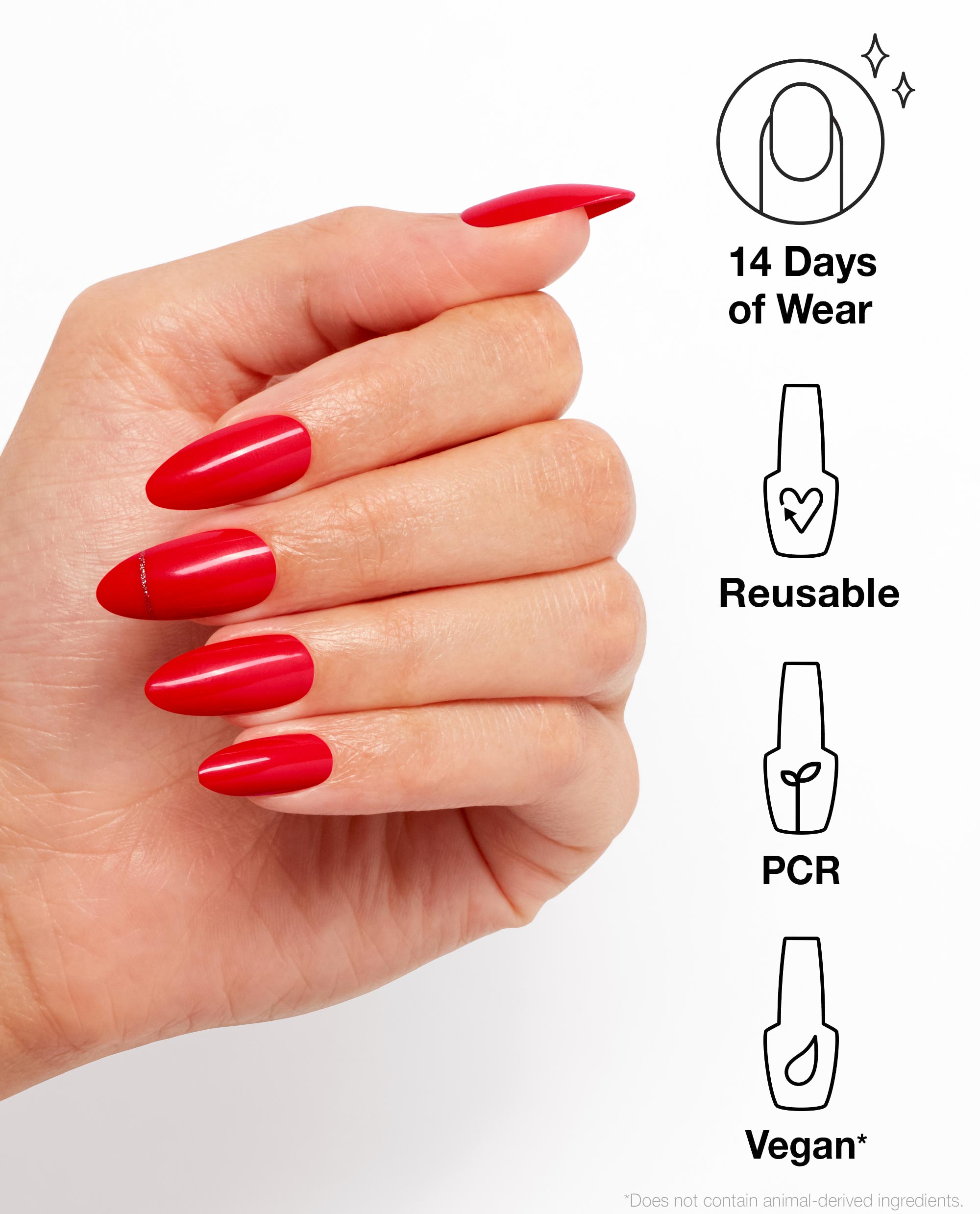 Hand wearing glossy red almond OPI On Point nails in I’m on Va-Cajun, shown on a white background with icons highlighting 14 days of wear, reusable design, PCR packaging, and vegan formula.