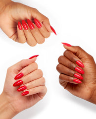 Three hands display glossy red almond-shaped OPI On Point nails in the shade I’m on Va-Cajun against a clean white background.