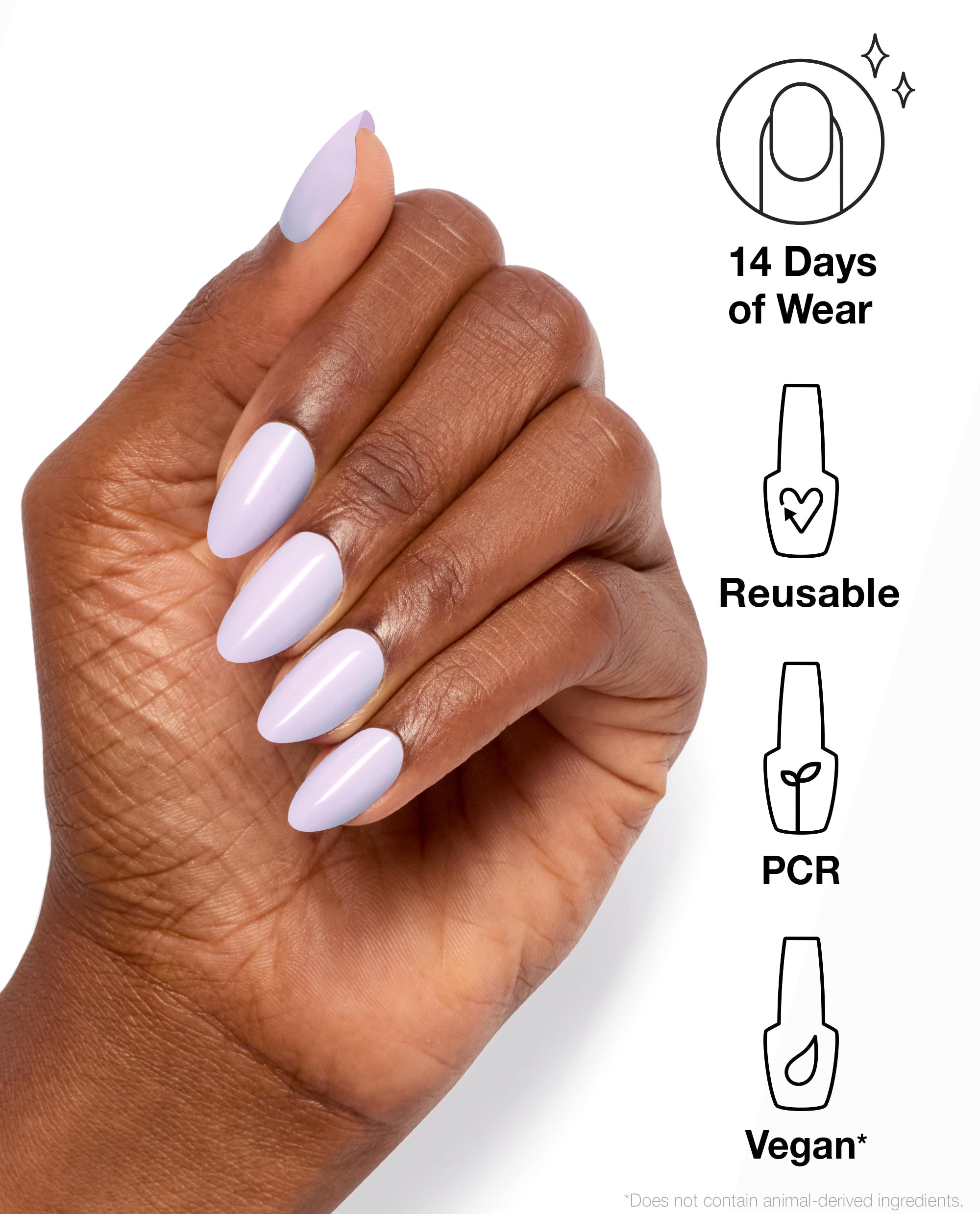 Hand wearing OPI xPRESS/ON Polly Want a Lacquer? glossy pale lavender almond press-on nails, shown with 14 days of wear, reusable, PCR, and vegan icons for fall nail colors.