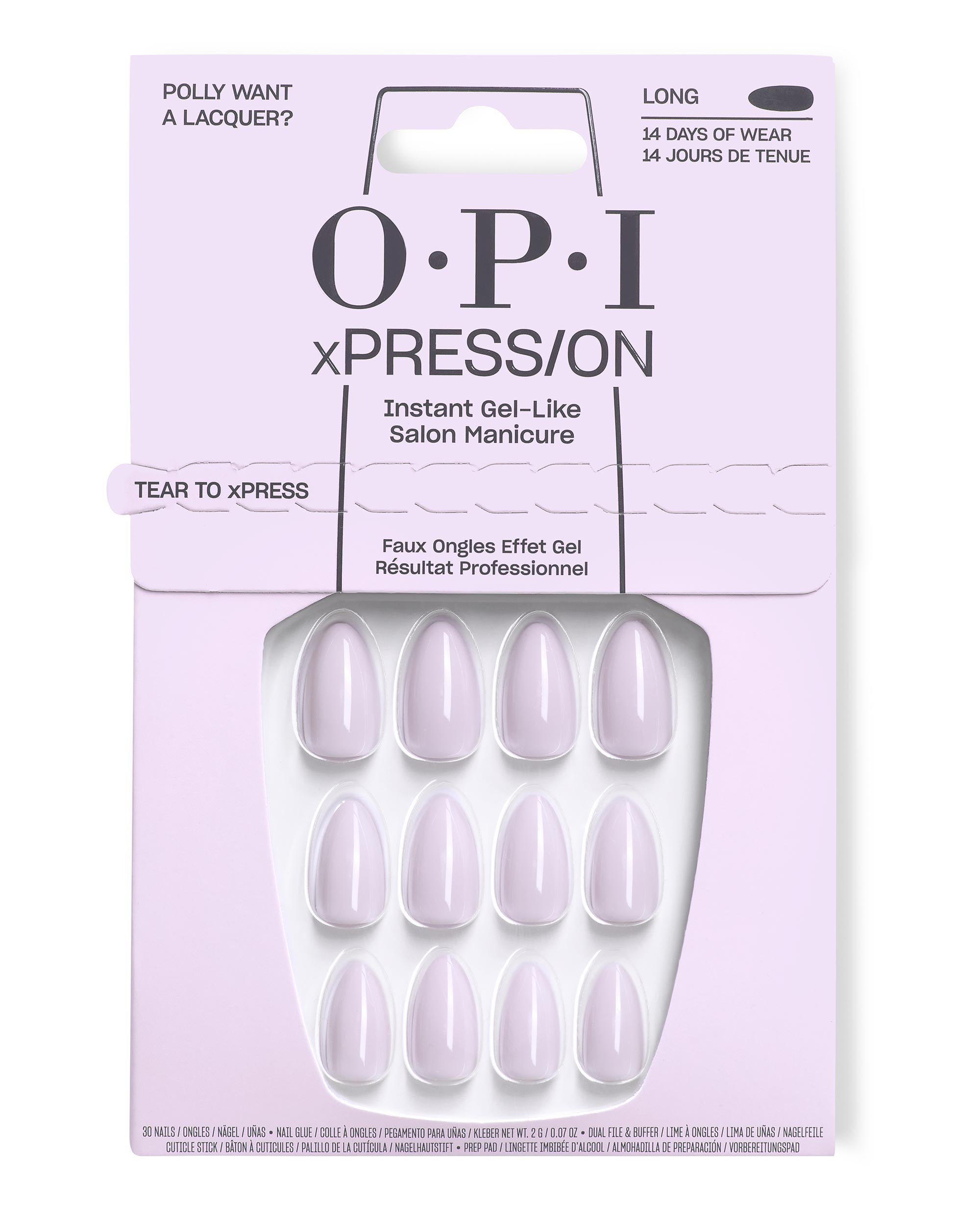 OPI xPRESS/ON Polly Want a Lacquer? press-on nails displayed in pale lavender retail packaging, featuring long gel-like oval nails with 14 days of wear, a soft pick for fall nail colors.