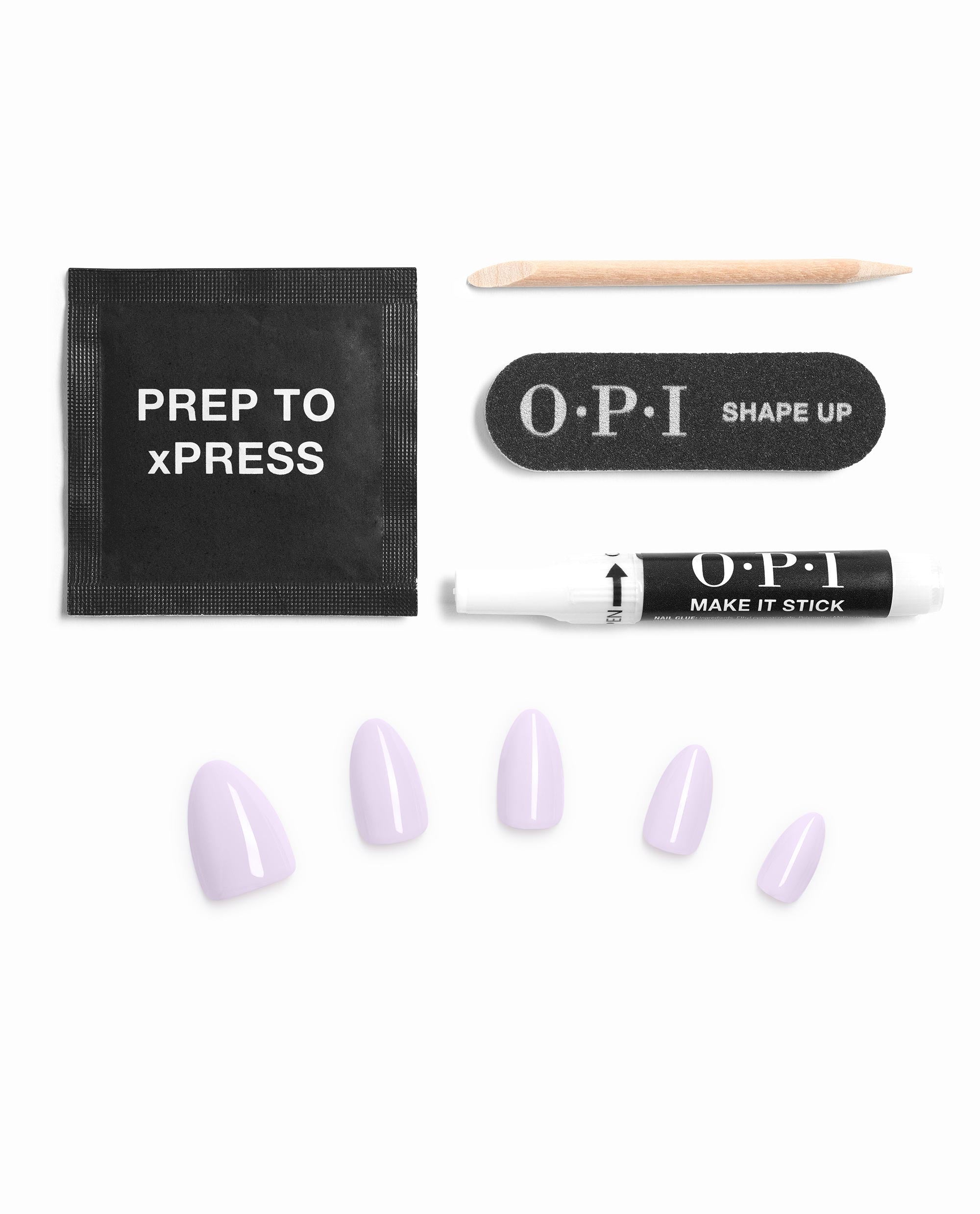 OPI Polly Want a Lacquer? xPRESS/ON press-on nail kit displays glossy pale lavender nails, prep pad, cuticle stick, file, and glue on a white background for easy fall nail colors.