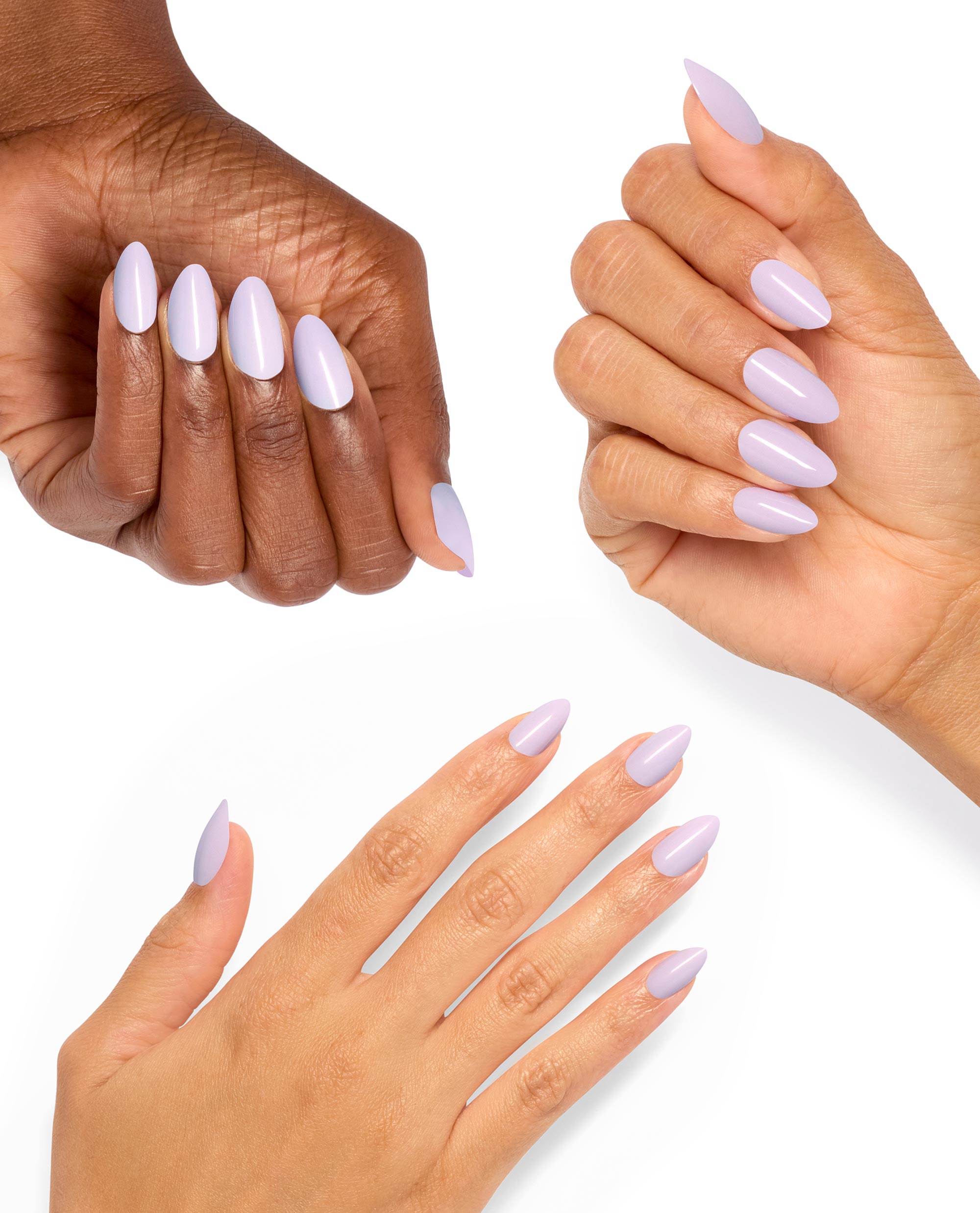 Three hands display OPI xPRESS/ON Polly Want a Lacquer? press-on nails in glossy pale lavender almond shapes on a clean white background, a soft option among fall nail colors.