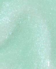 OPI Infinite Shine Teals Familiar green nail polish swatch catching light, shimmering mint-teal with fine iridescent flakes, shown close up as a glossy sample for spring nail colors.