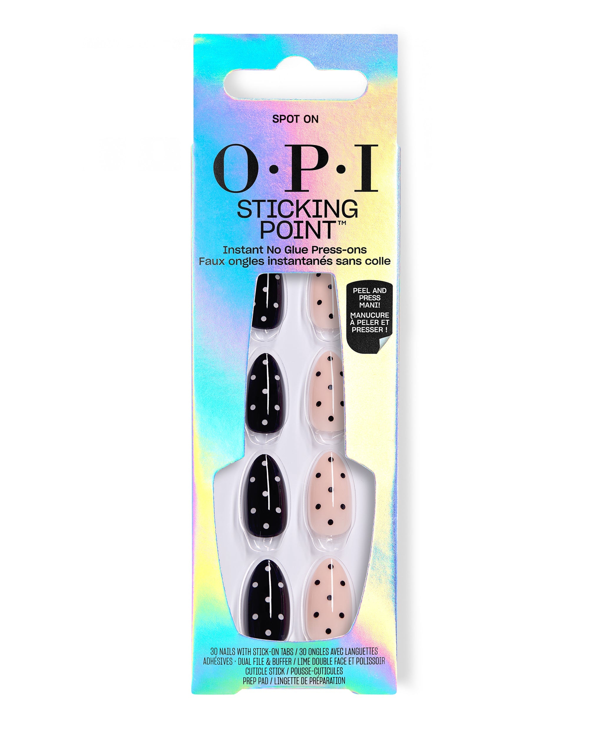 OPI Spot On Sticking Point no-glue press-on nails in black and nude polka dot fall nail colors, displayed in iridescent retail packaging with 30 nails and stick-on tabs.