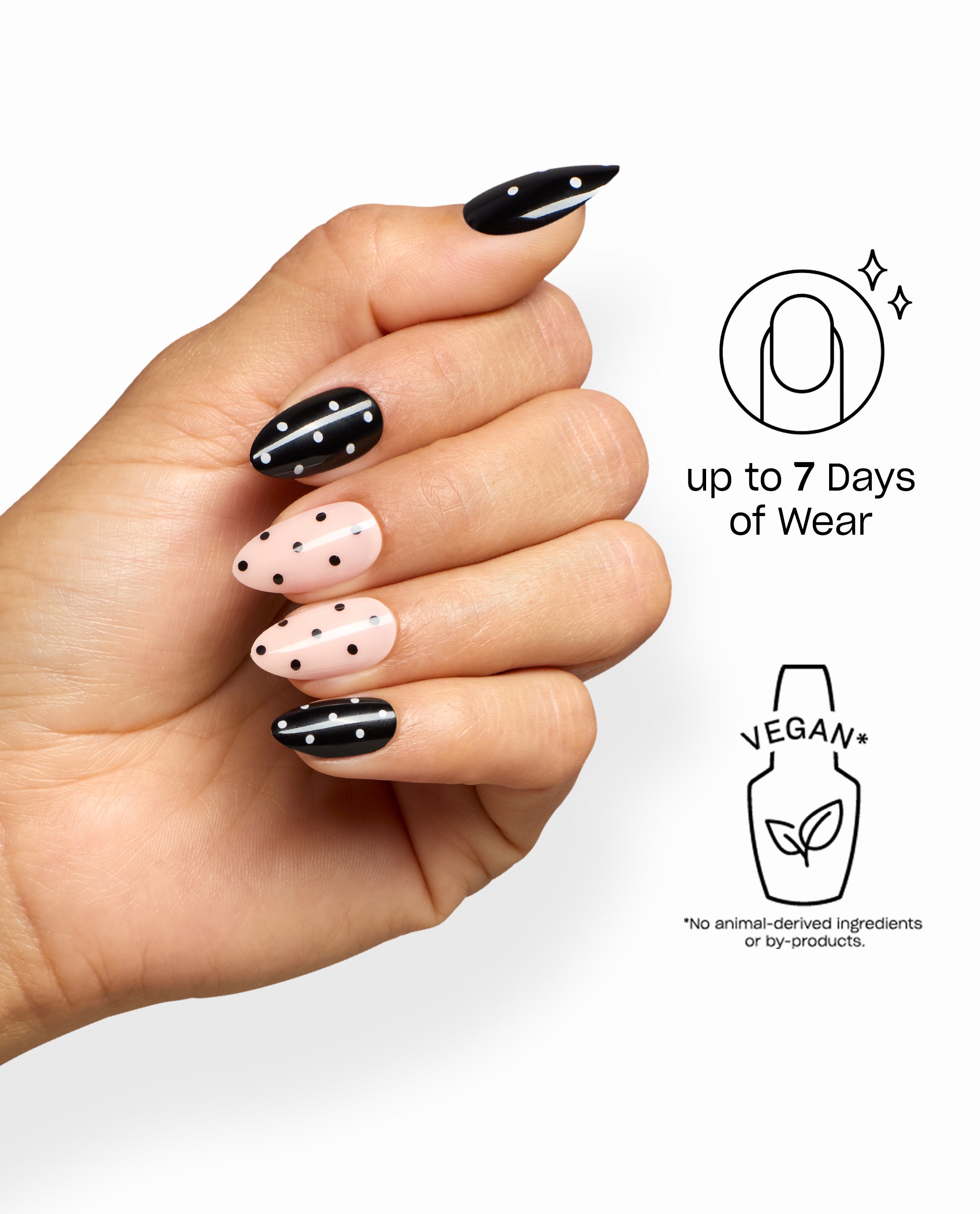 OPI Spot On Sticking Point artificial nails display glossy black and soft pink polka-dot fall nail colors on a hand, with up to 7 days of vegan wear highlighted on a white background.