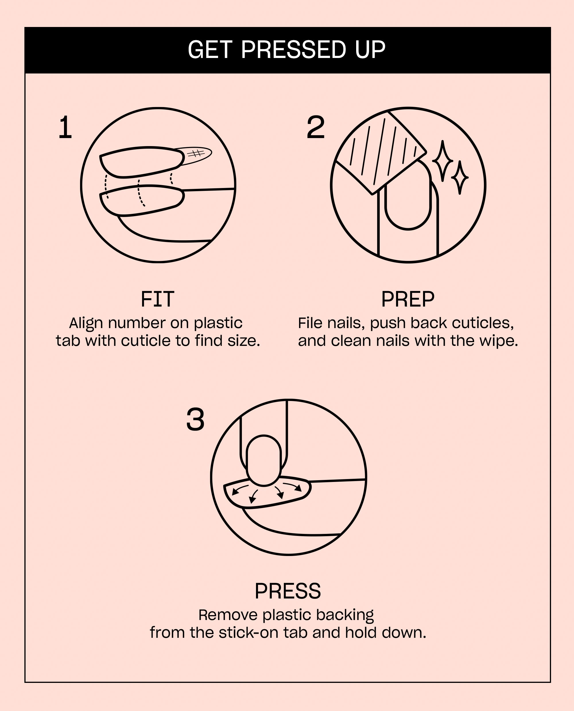Spot On Sticking Point artificial nail instructions show fit, prep, and press steps with black line icons on a pale pink guide for OPI fall nail colors.