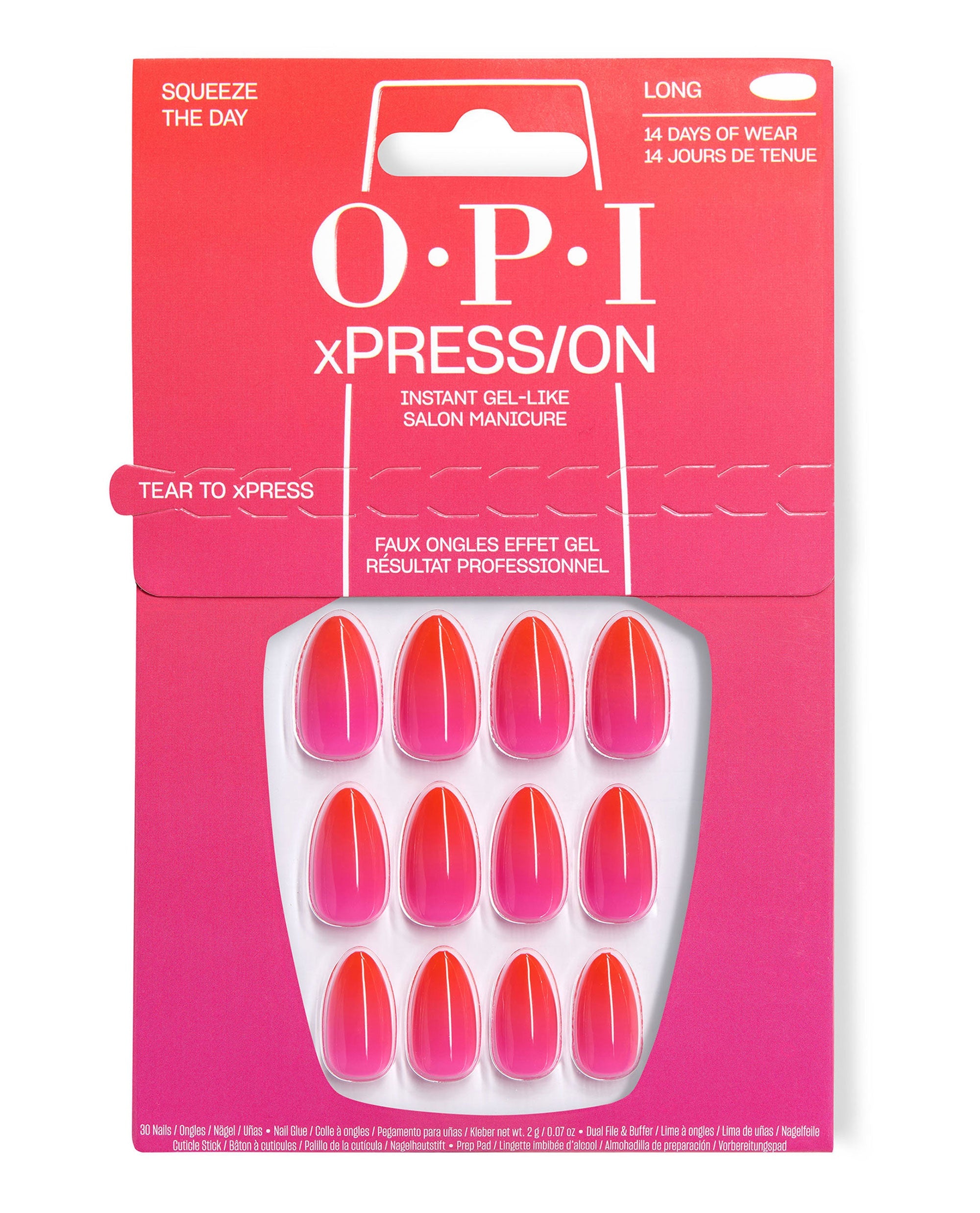 OPI xPRESS/ON Squeeze the Day long press-on nails display glossy pink-to-red gradient oval tips in bright pink packaging, a trending instant gel-like salon manicure with up to 14 days of wear.