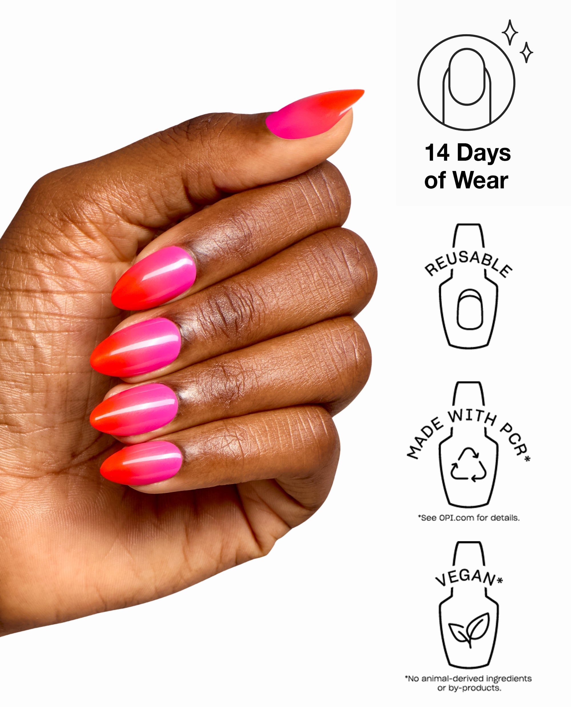 Hand wearing OPI Squeeze the Day xPRESS/ON trending almond press-on nails in glossy hot pink and orange ombré, shown with 14-day wear, reusable, PCR-made, and vegan benefit icons.