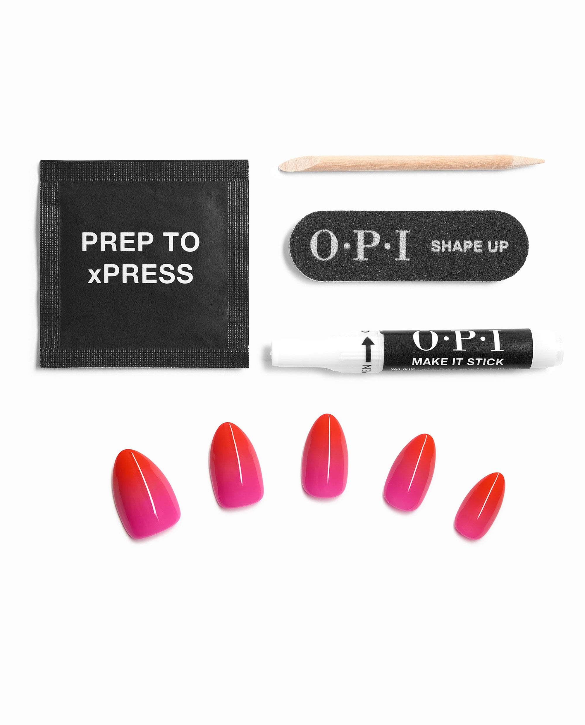 OPI Squeeze the Day xPRESS/ON press-on nails display a trending glossy coral-to-pink ombré set with prep pad, wooden cuticle stick, Shape Up file, and Make It Stick nail glue on a white background.