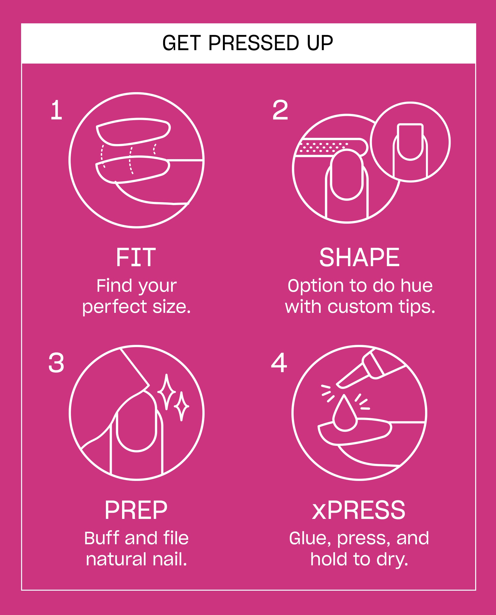 OPI Squeeze the Day xPRESS/ON press-on nail instructions show fit, shape, prep, and glue steps with white line icons on a trending bright pink guide.