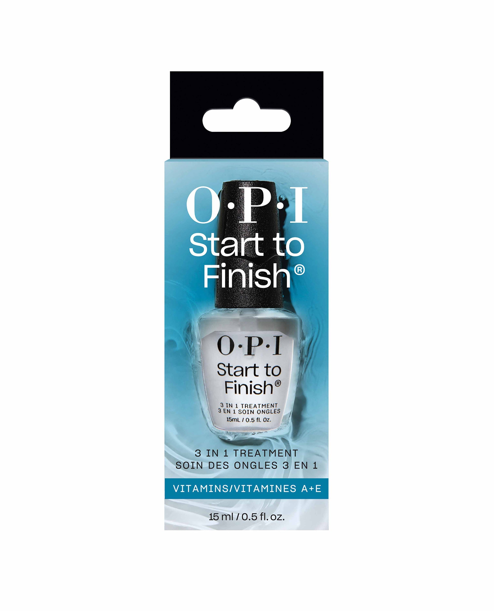 OPI Start to Finish 3-in-1 Treatment bottle displayed in blue and white retail packaging, showcasing the clear top and base coat nail polish gift set with vitamins A+E, 15 ml size, for strengthening and finishing nails.