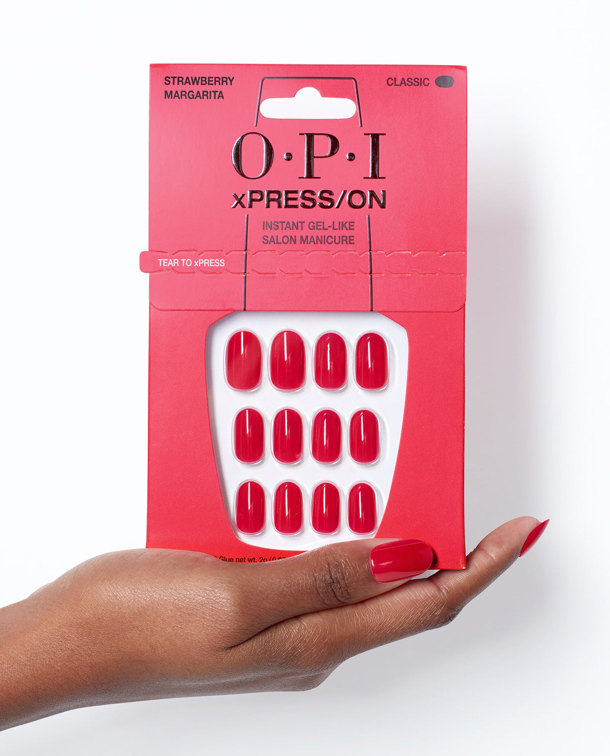 OPI Strawberry Margarita - Short Pink Press-on Nails Hand and Product