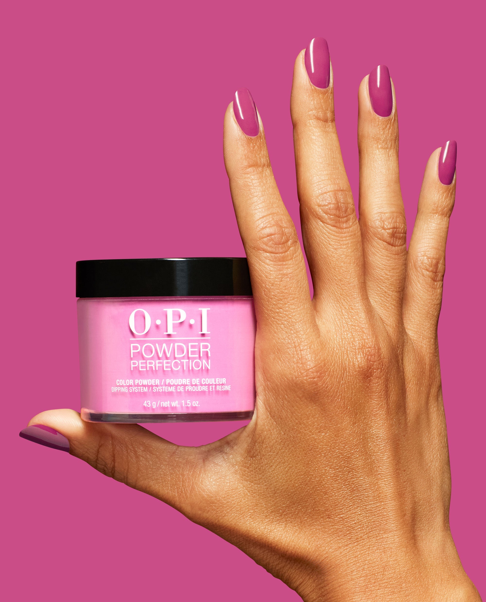 Strawberry Cosmo Fuchsia Crème Nail Dip Powder Hand and Product