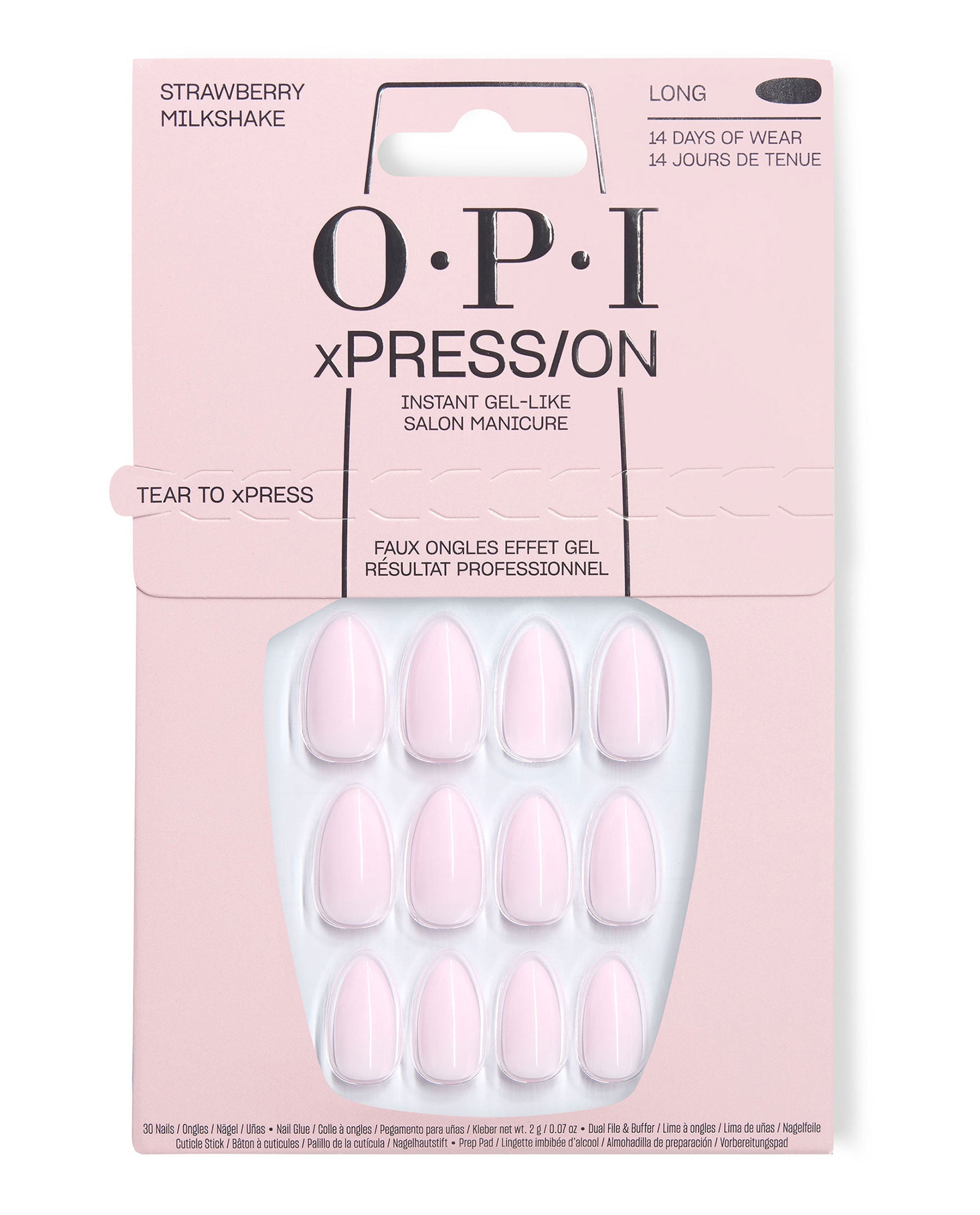 OPI xPRESS/ON Strawberry Milkshake long press-on nails in pale pink gel-like finish displayed in pink packaging, offering an instant salon manicure with up to 14 days of wear.