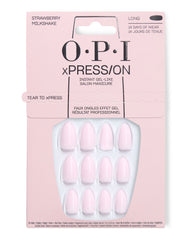 OPI xPRESS/ON Strawberry Milkshake long press-on nails in pale pink gel-like finish displayed in pink packaging, offering an instant salon manicure with up to 14 days of wear.