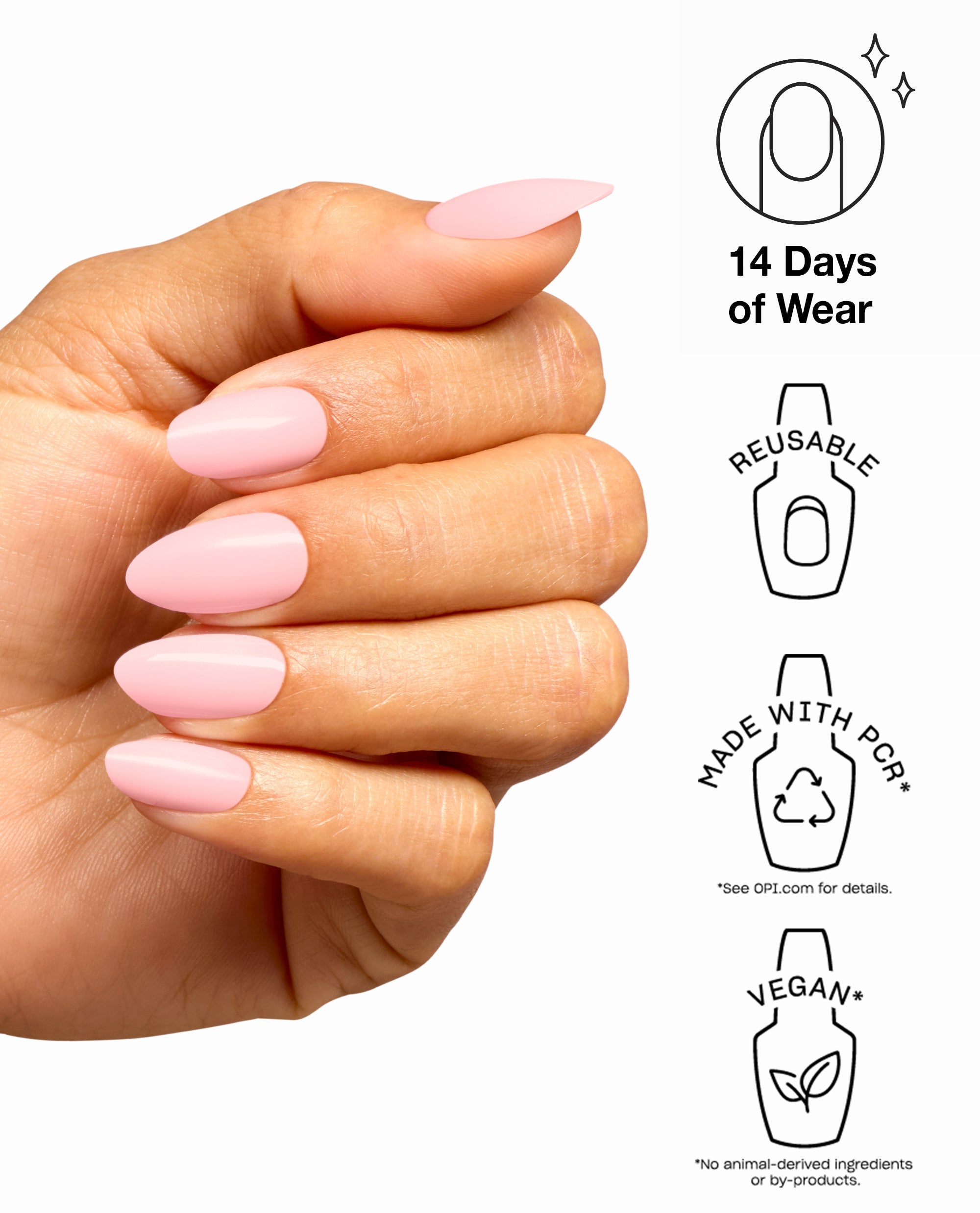 Hand wearing OPI xPRESS/ON Strawberry Milkshake pale pink almond press-on nails beside icons for 14 days of wear, reusable design, PCR materials, and vegan formula.
