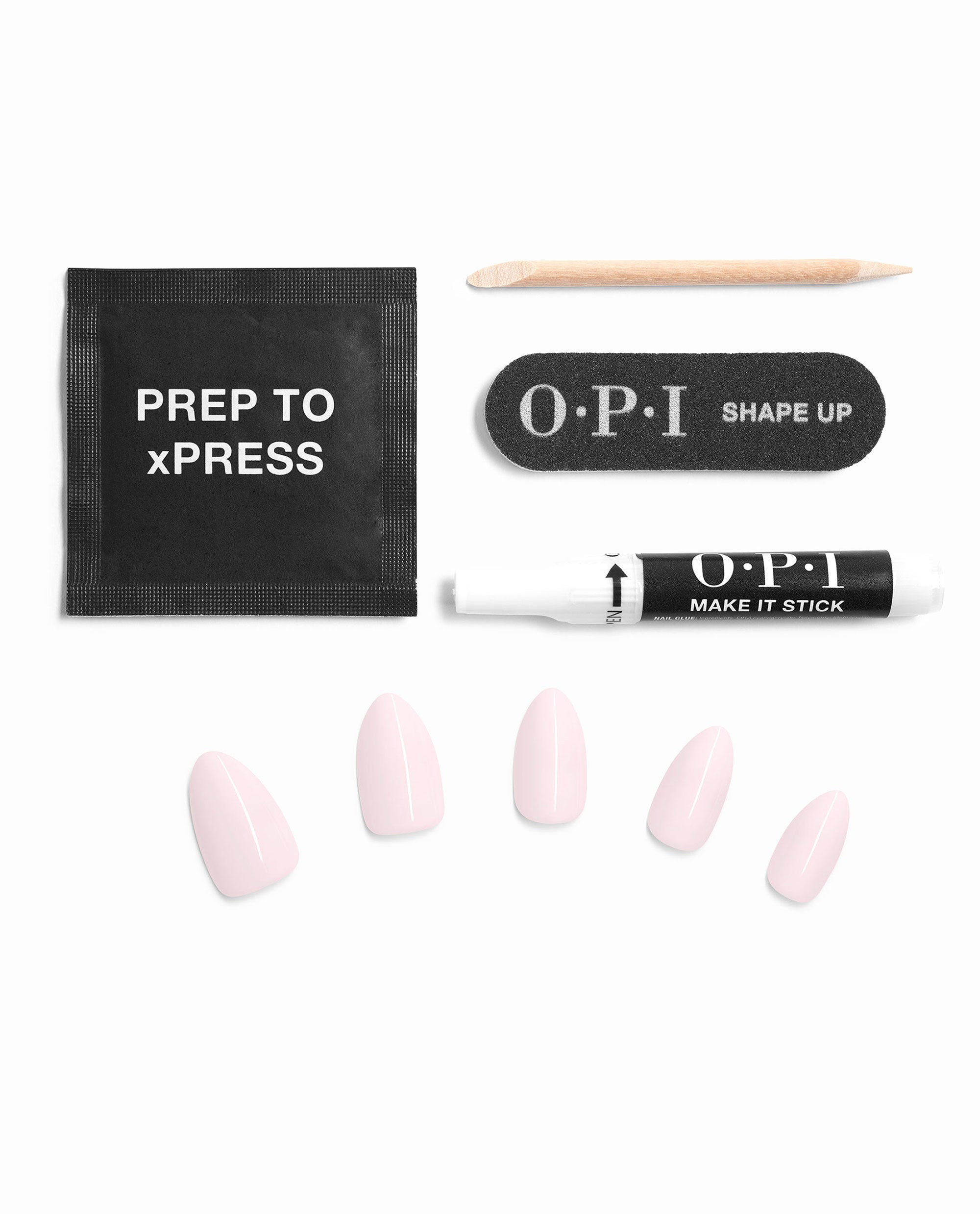 OPI xPRESS/ON Strawberry Milkshake press-on nails in sheer pale pink shown with Prep to xPress wipe, Shape Up file, wooden cuticle stick, and Make It Stick nail glue on a white background.
