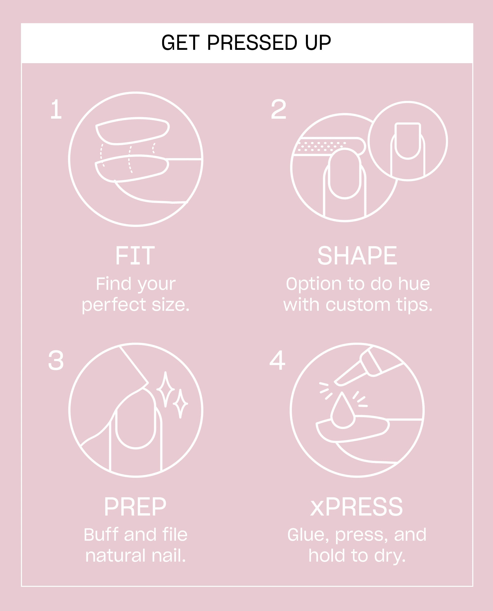 OPI Strawberry Milkshake xPRESS/ON press-on nail instructions on a pink card, showing four steps: fit, shape, prep, and xPRESS with glue, press, and hold to dry.