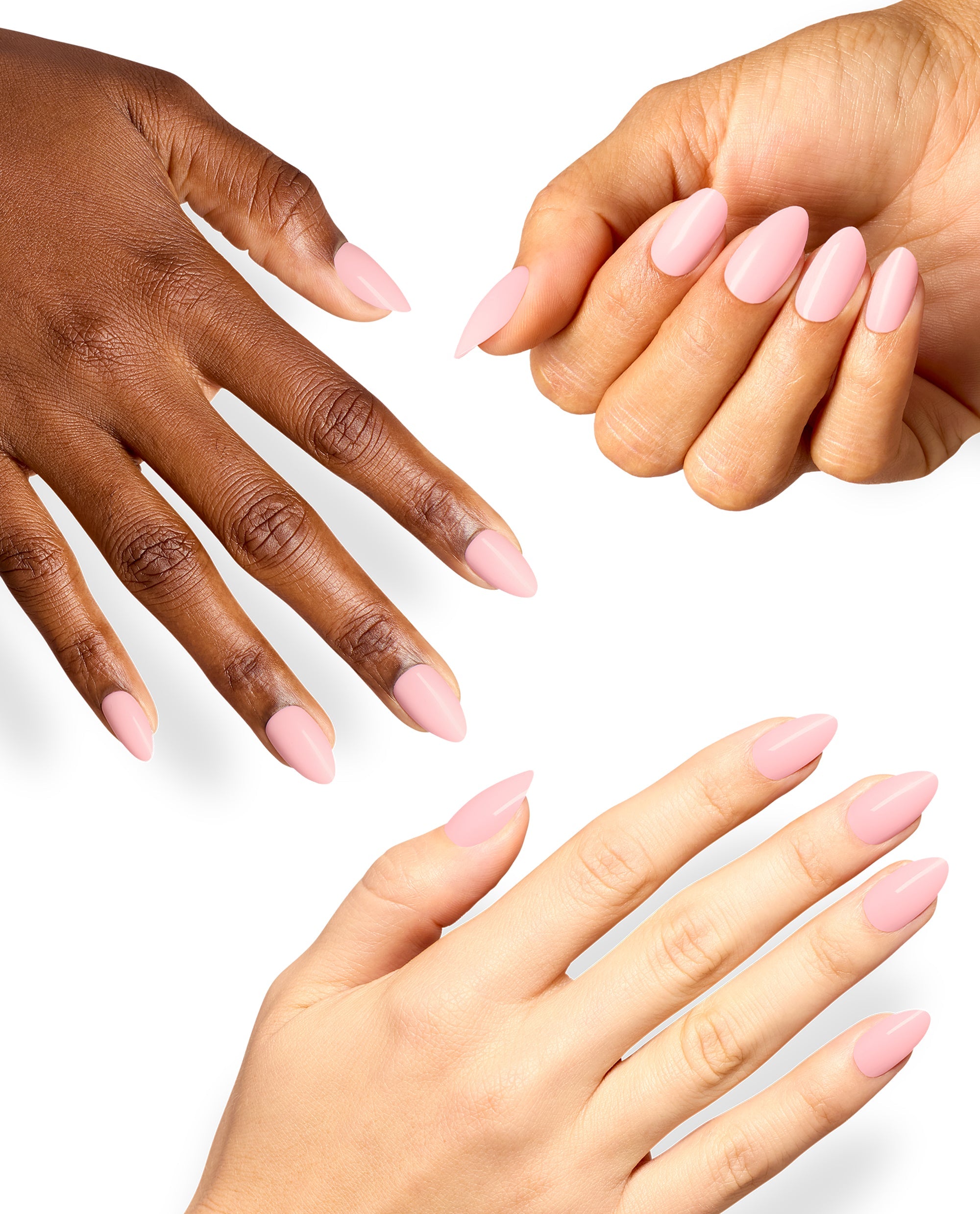 Hands model OPI xPRESS/ON Strawberry Milkshake press-on nails in a glossy soft pink almond shape against a clean white background.