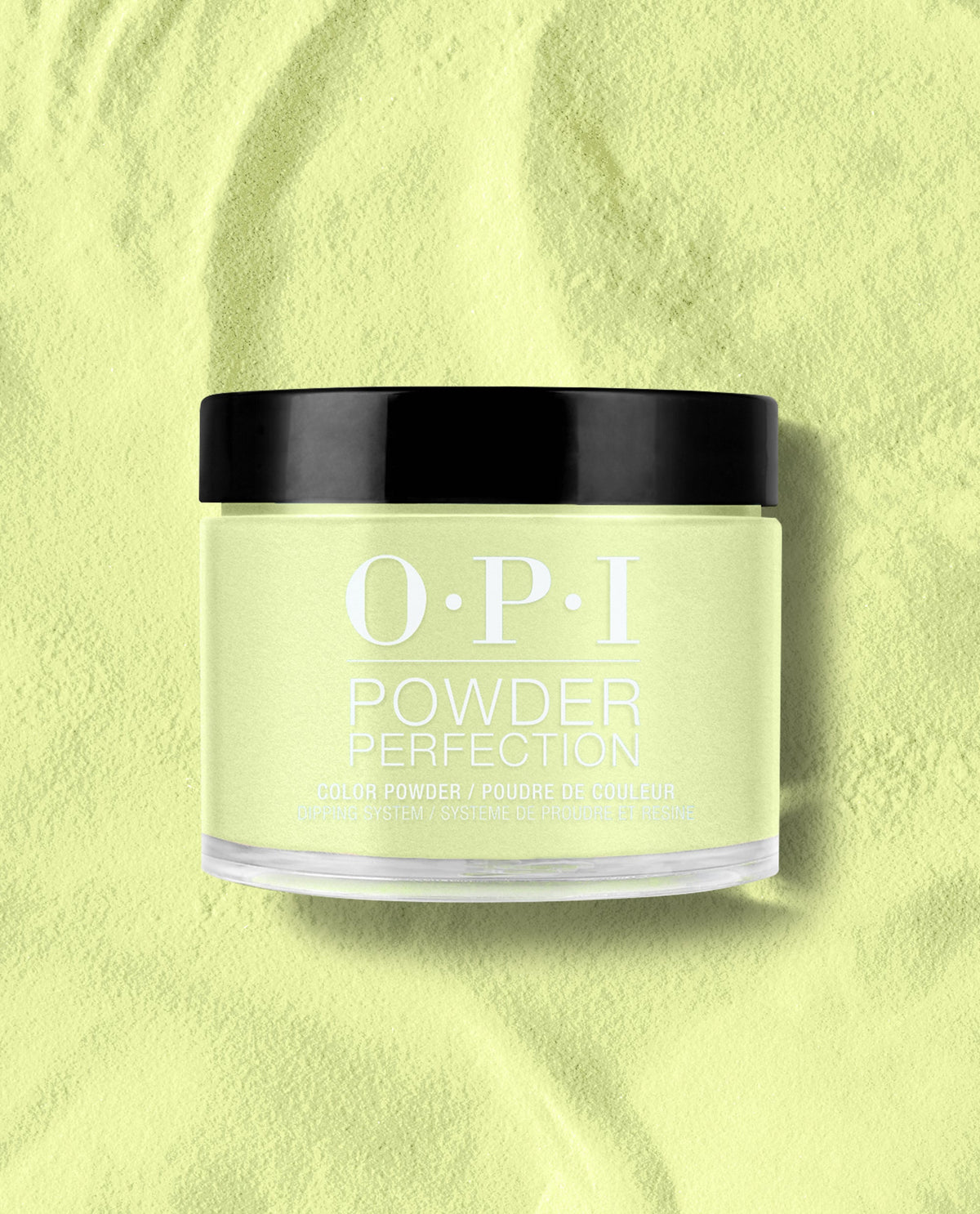 OPI Powder Perfection Summer Monday-Fridays dipping powder in pastel lime green, jar with black lid standing on a matching loose powder backdrop, showcasing green nail polish ideal for spring nail colors by OPI.