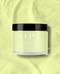 OPI Powder Perfection Summer Monday-Fridays dipping powder in pastel lime green, jar with black lid standing on a matching loose powder backdrop, showcasing green nail polish ideal for spring nail colors by OPI.