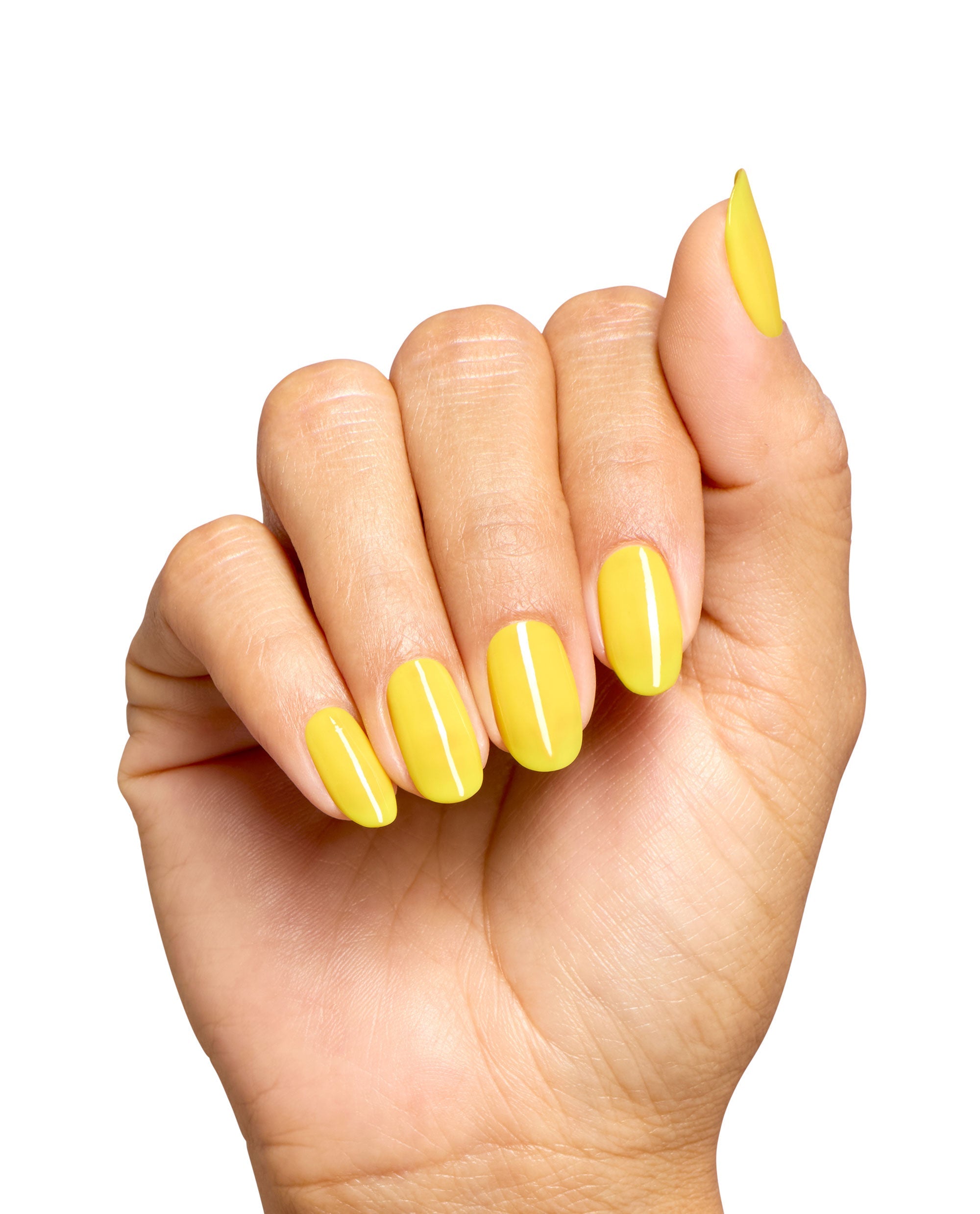Hand displaying glossy bright yellow almond-shaped nails painted with OPI Infinite Shine Sunkissed and Tell nail polish on a clean white background.