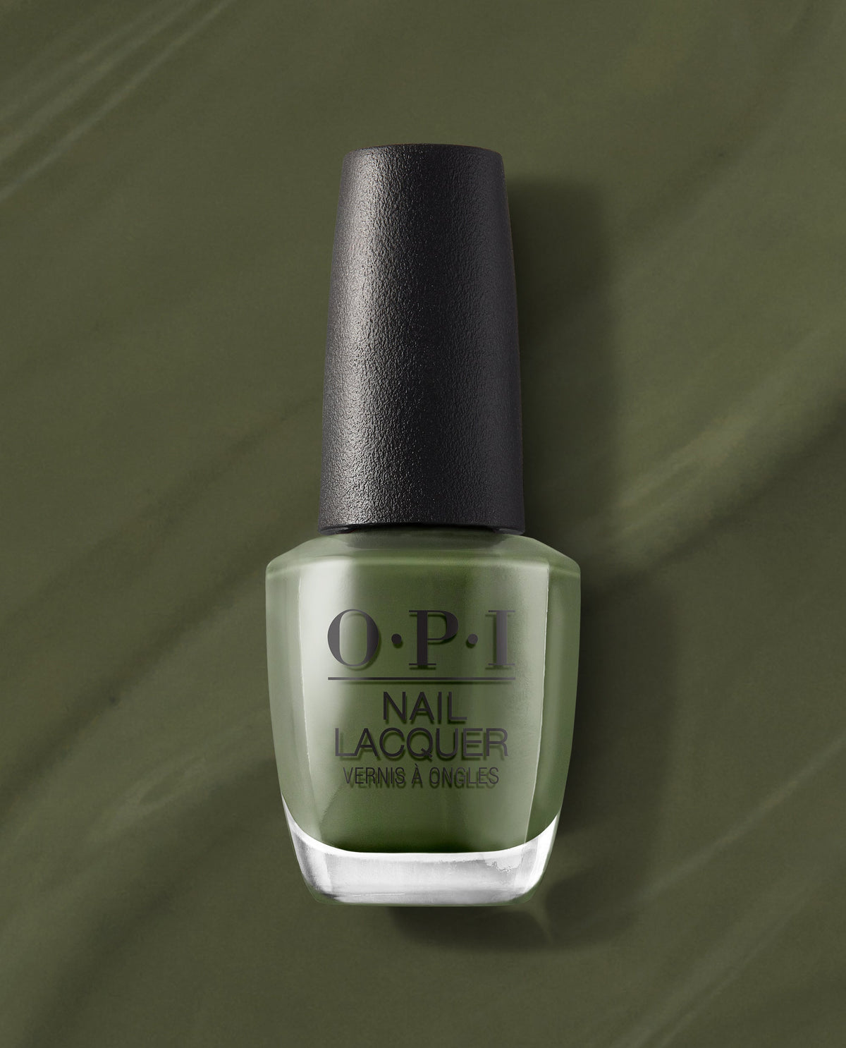 OPI Suzi – The First Lady of Nails Nail Lacquer bottle standing upright, showcasing a rich olive green nail polish against a matching swirled backdrop, a chic pick for spring nail colors from OPI with frosted glass and a textured black cap.