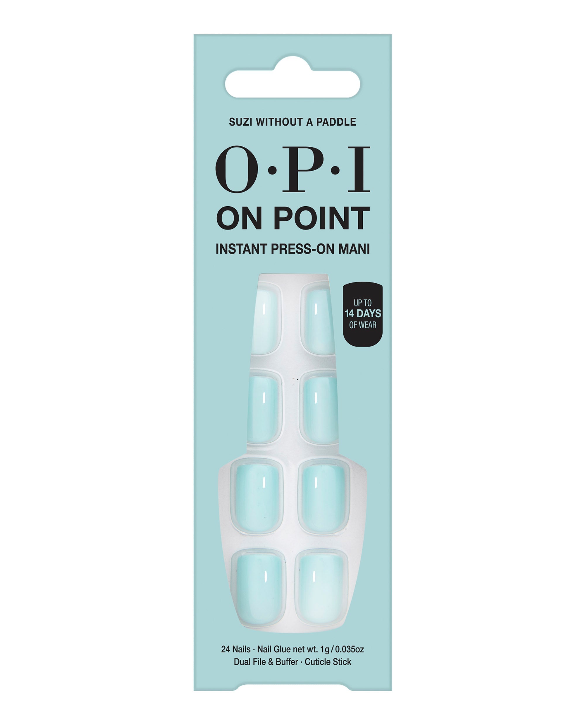 OPI On Point Suzi Without a Paddle instant press-on mani carton showing glossy light aqua blue nails, with “up to 14 days of wear” badge; trendy nail colors for at-home manicure.