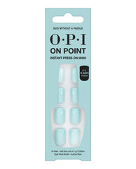 OPI On Point Suzi Without a Paddle instant press-on mani carton showing glossy light aqua blue nails, with “up to 14 days of wear” badge; trendy nail colors for at-home manicure.