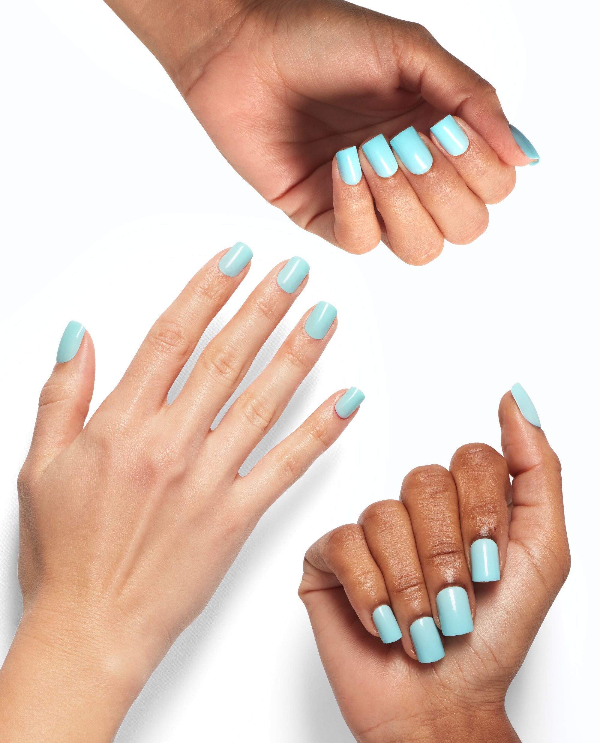Three hands display glossy pastel aqua-blue nails wearing OPI On Point shade Suzi Without a Paddle, shown on different skin tones against a clean white background, highlighting trending nail colors.