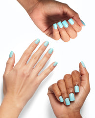 Three hands display glossy pastel aqua-blue nails wearing OPI On Point shade Suzi Without a Paddle, shown on different skin tones against a clean white background, highlighting trending nail colors.