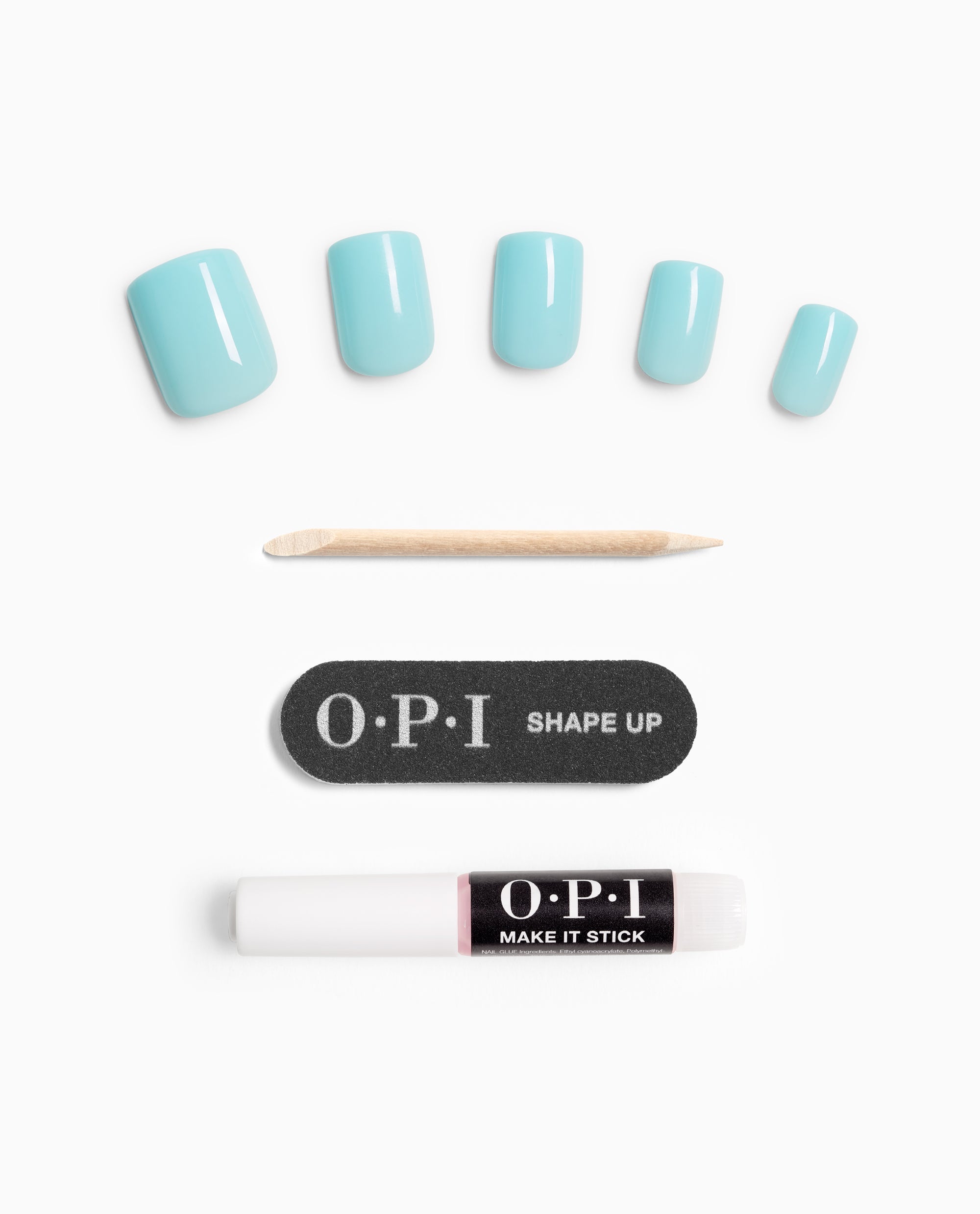 OPI On Point Suzi Without a Paddle press-on nails kit displayed on white background, featuring glossy pastel aqua nails with a wooden cuticle stick, OPI Shape Up nail file, and OPI Make It Stick glue - trending nail colors.