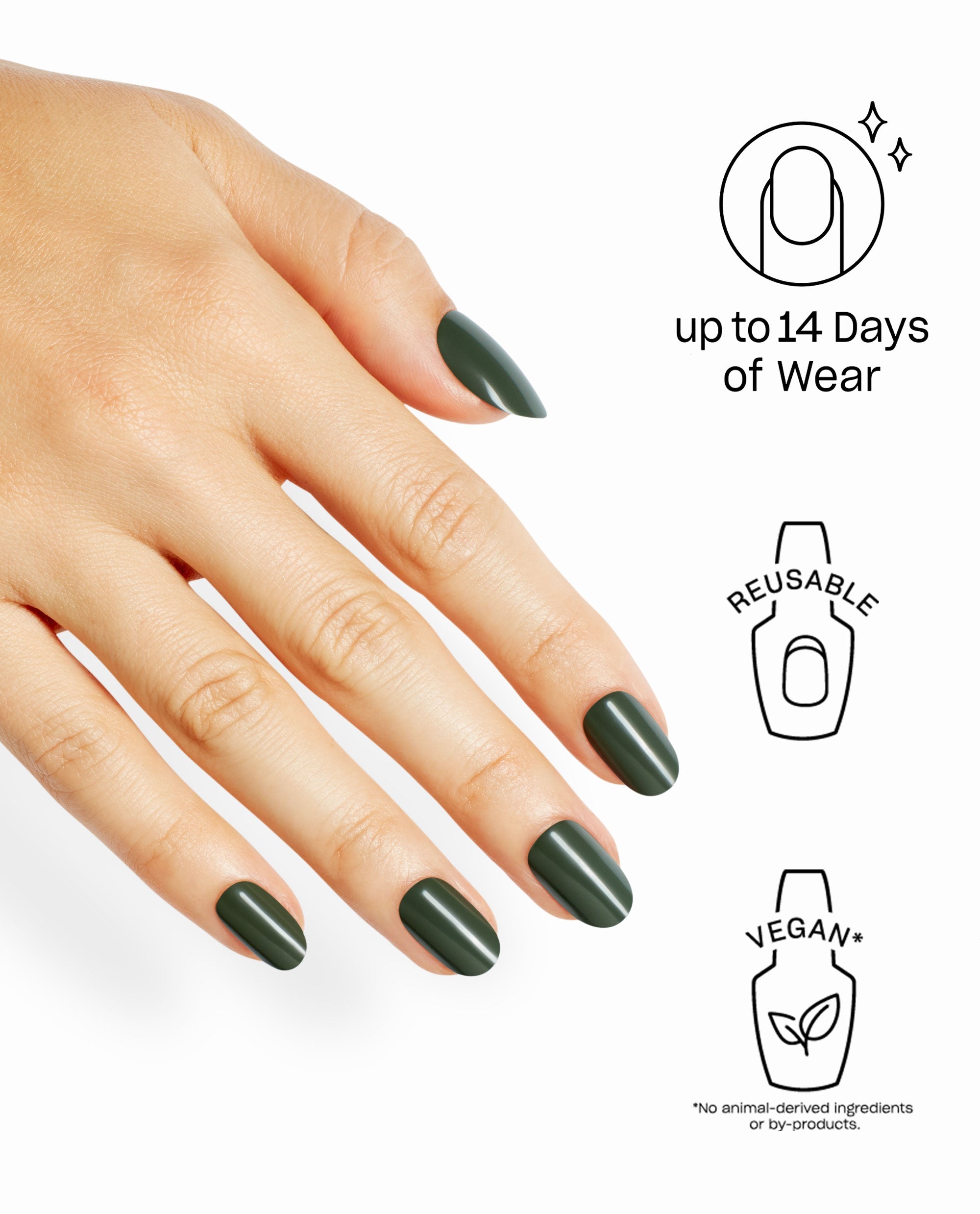 Hand wearing OPI Suzi - The First Lady of Nails On Point dark green artificial nails, shown with benefits: up to 14 days of wear, reusable, and vegan with no animal-derived ingredients.