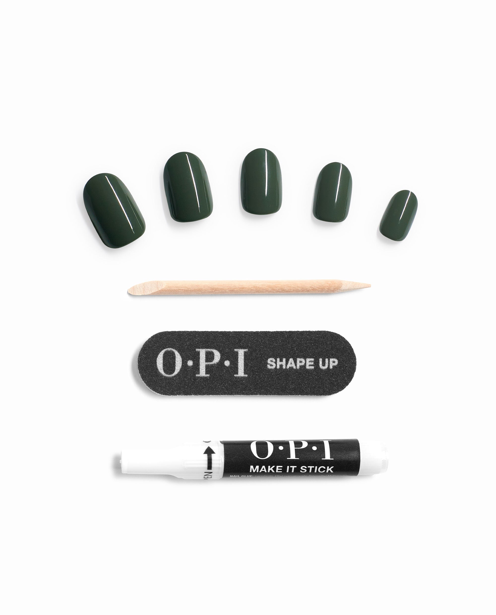 OPI Suzi - The First Lady of Nails On Point press-on nails in glossy dark green, arranged with a wooden cuticle stick, Shape Up nail file, and Make It Stick nail glue on a white background.