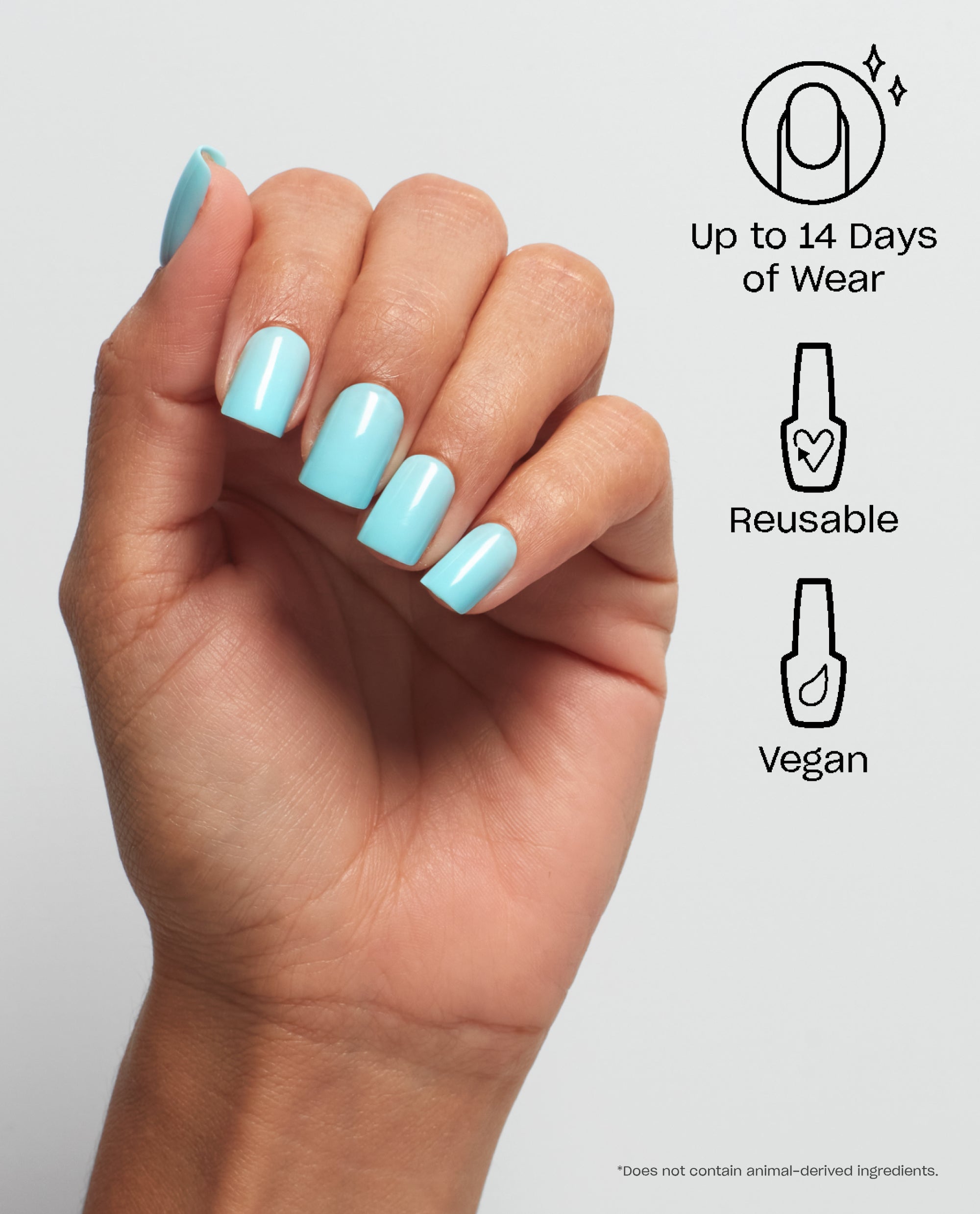 Hand models glossy pastel aqua-blue OPI On Point press-on nails in Suzi Without a Paddle, shown on a light background with icons for up to 14 days of wear, reusable, and vegan - trending nail colors.