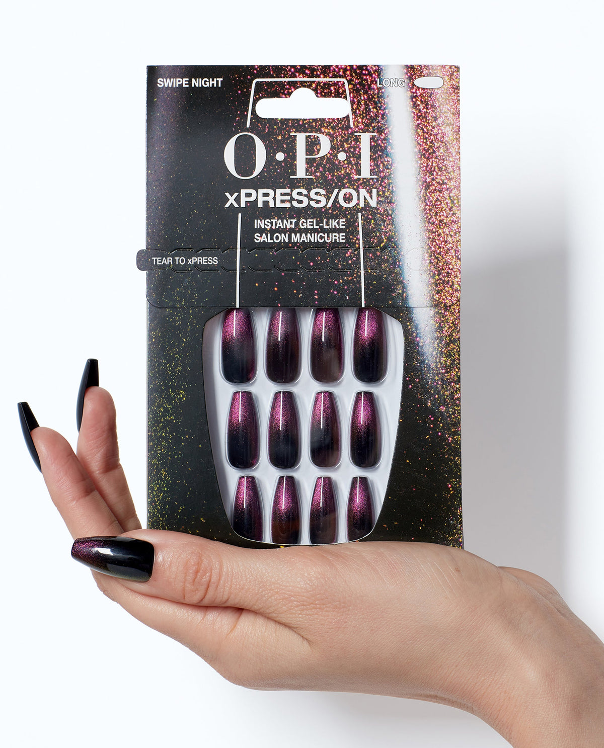 OPI Swipe Night Black Holographic Press-on Nails Hand and Product