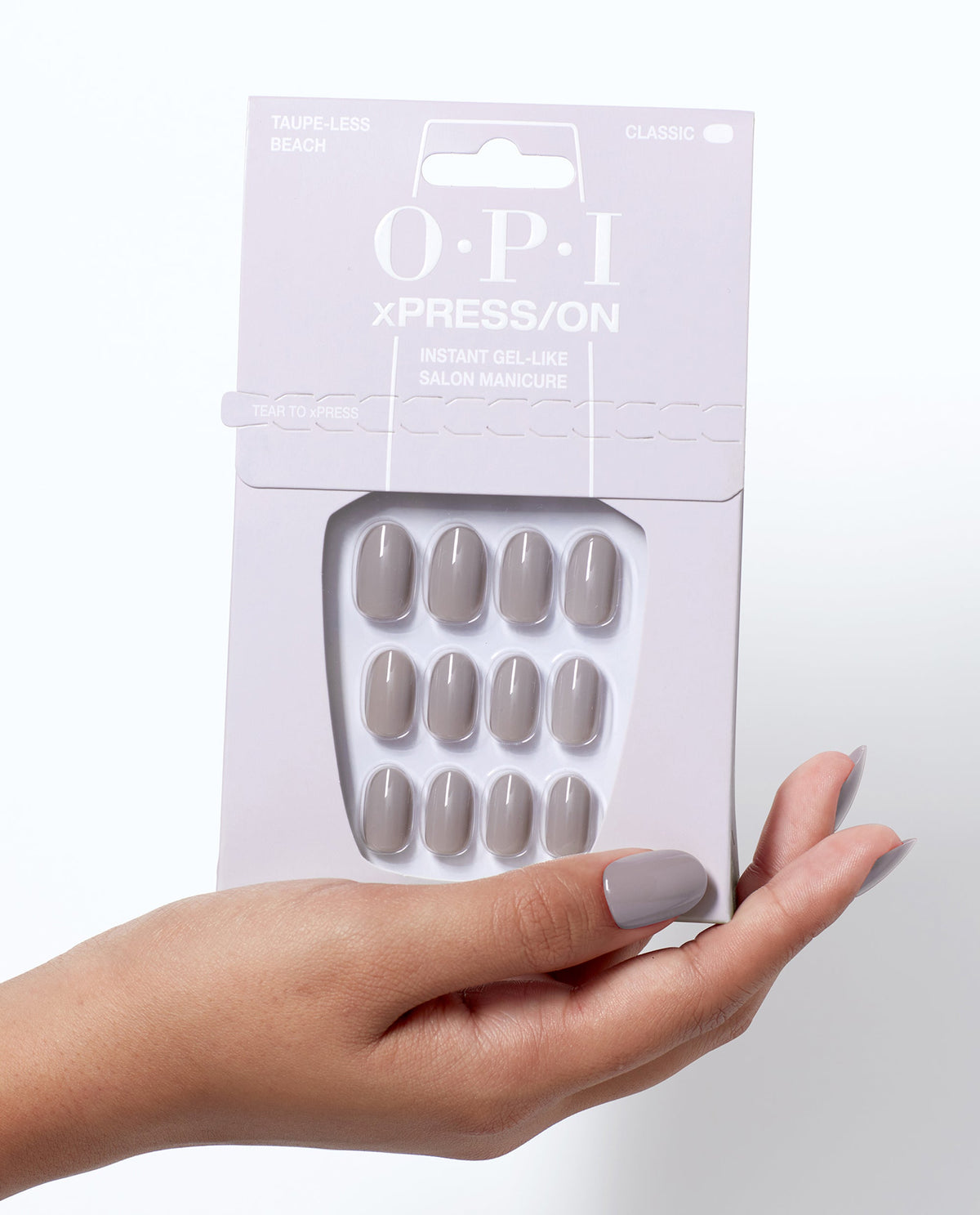 OPI Taupe-less Beach - Short Taupe Press-on Nails Hand and Product