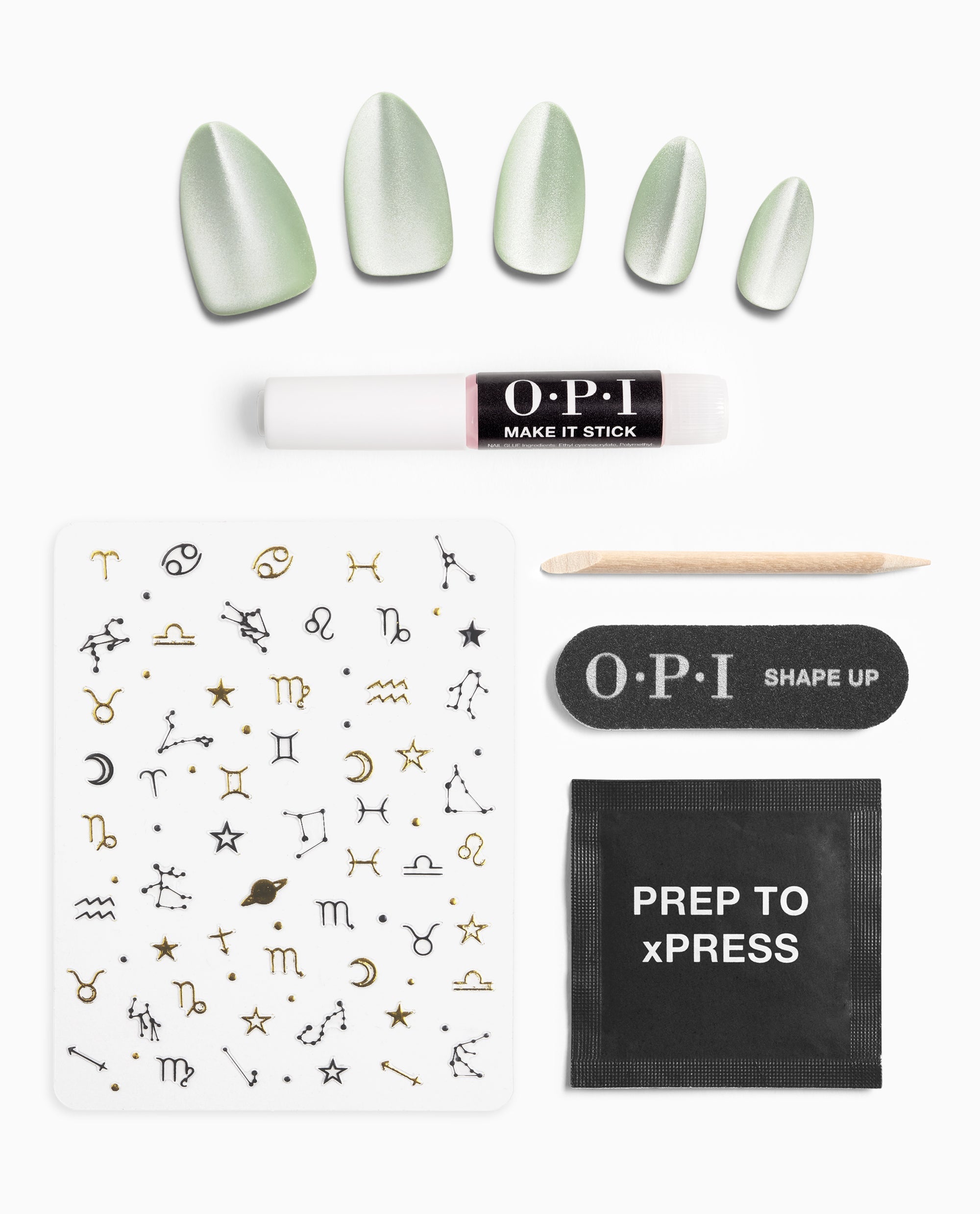Taurus-t Me xPRESS/ON Effects press-on nails shown in pearlescent sage green with OPI Make It Stick glue, zodiac decals, file, cuticle stick, and prep wipe—an easy green nail polish look and fresh spring nail colors from OPI.