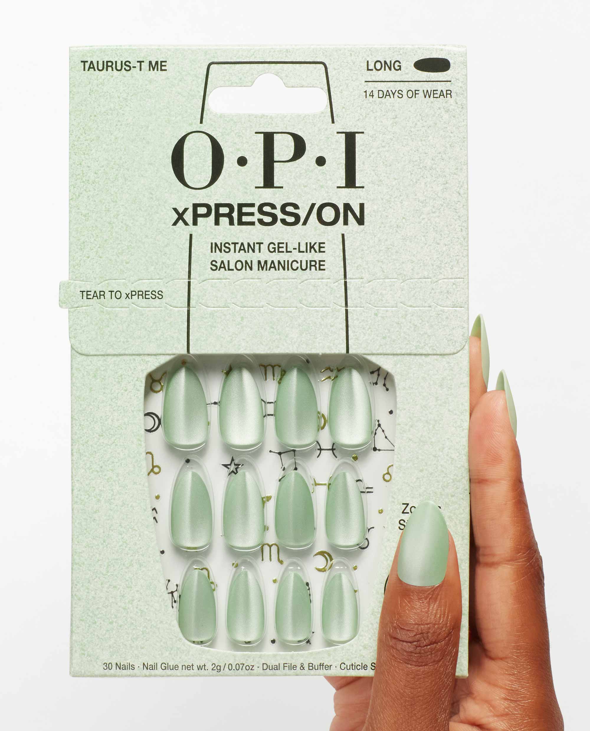 OPI Taurus-t Me xPRESS/ON Effects Metallic Green Press-on Nails Hand and Product