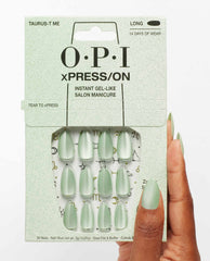 OPI Taurus-t Me xPRESS/ON Effects Metallic Green Press-on Nails Hand and Product